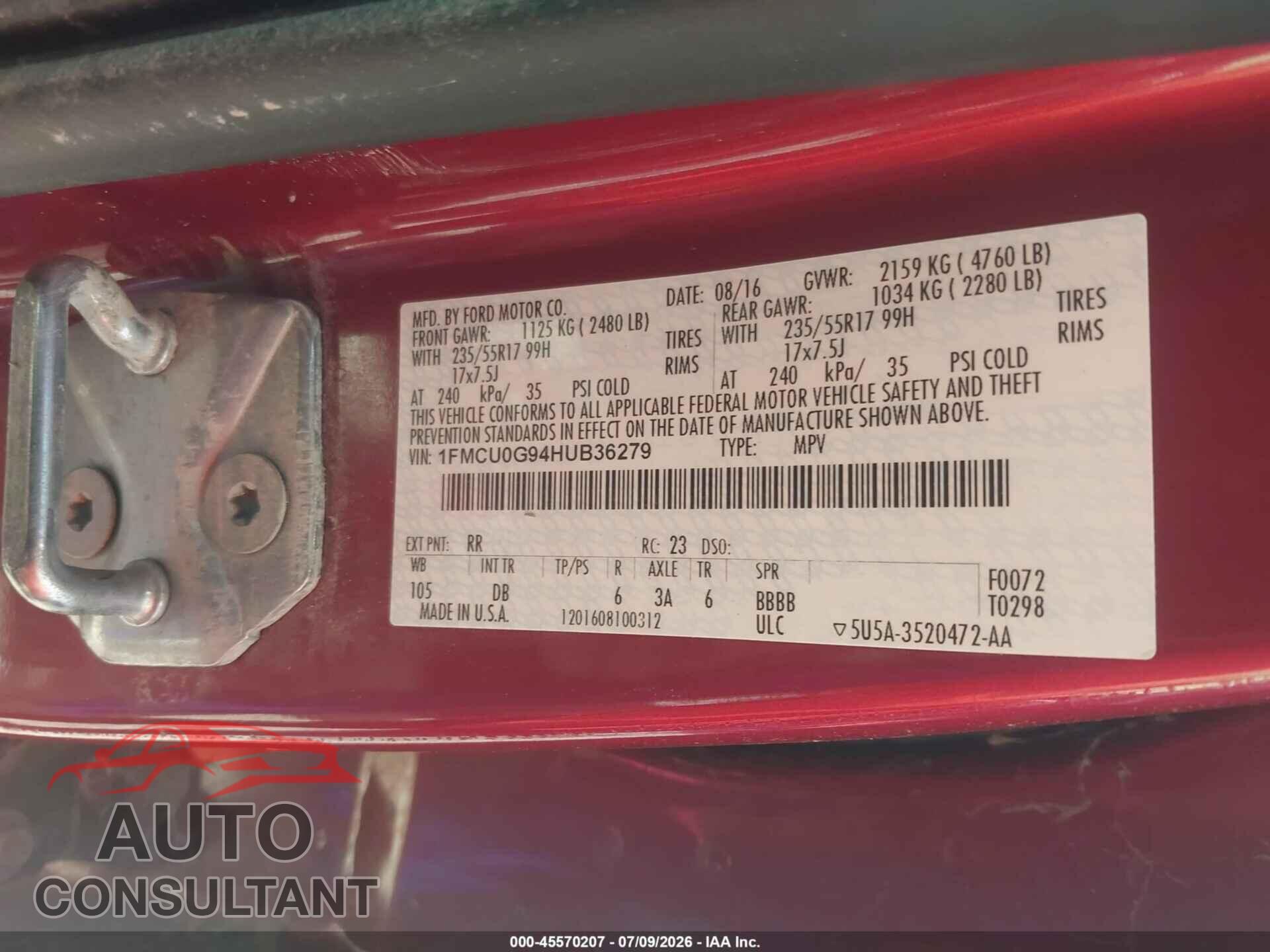 FORD ESCAPE 2017 - 1FMCU0G94HUB36279