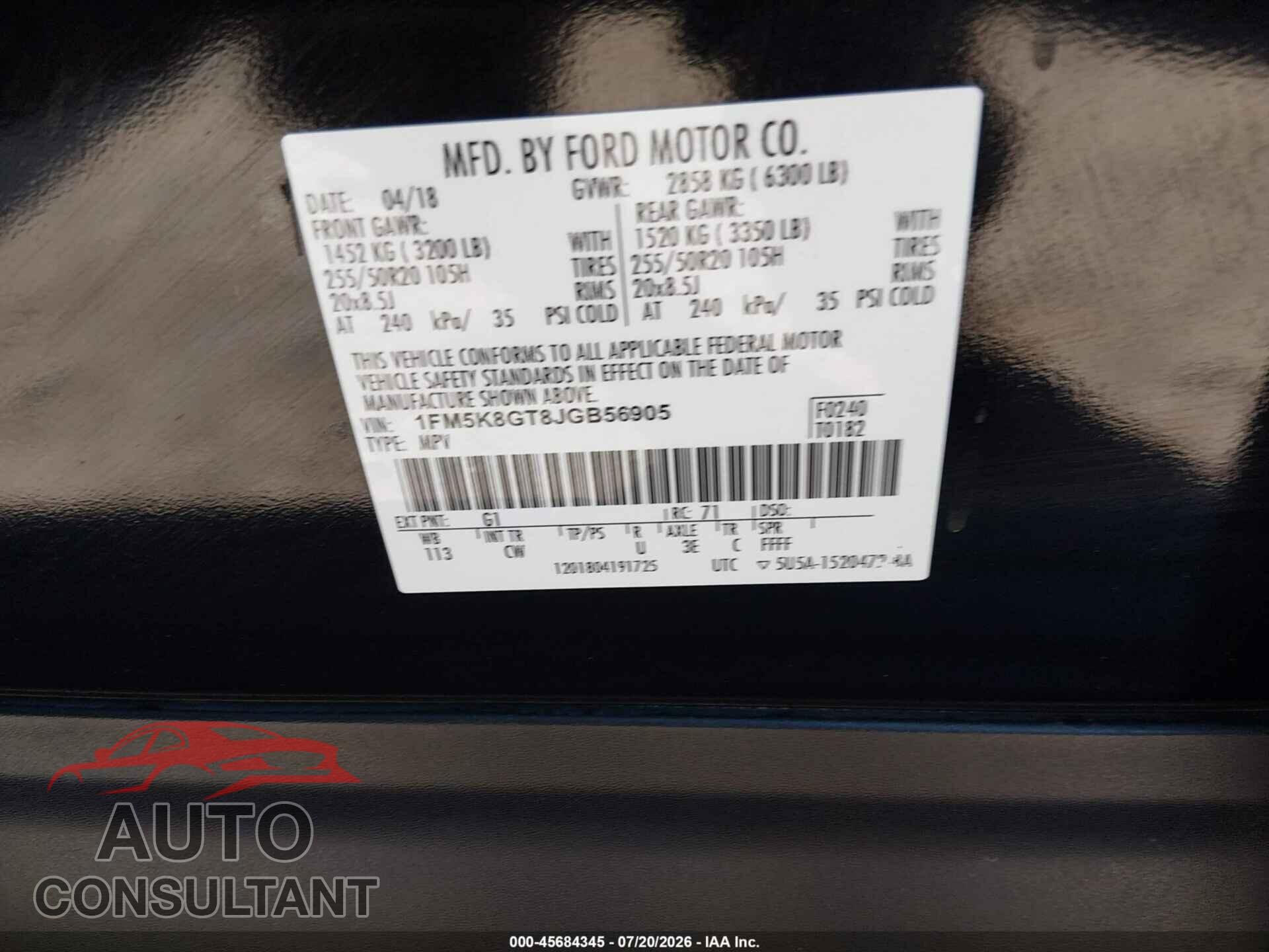 FORD EXPLORER 2018 - 1FM5K8GT8JGB56905