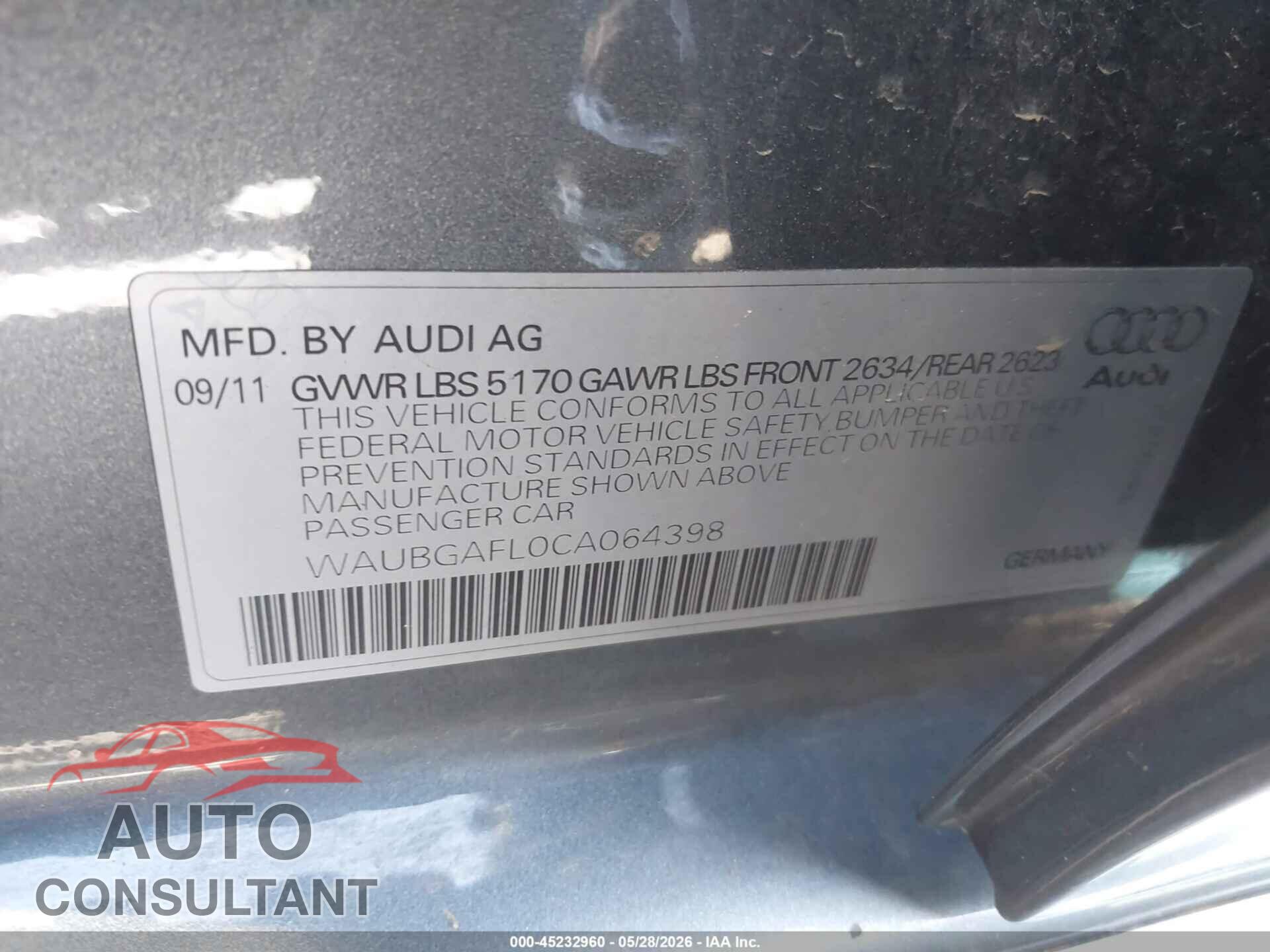 AUDI S4 2012 - WAUBGAFL0CA064398