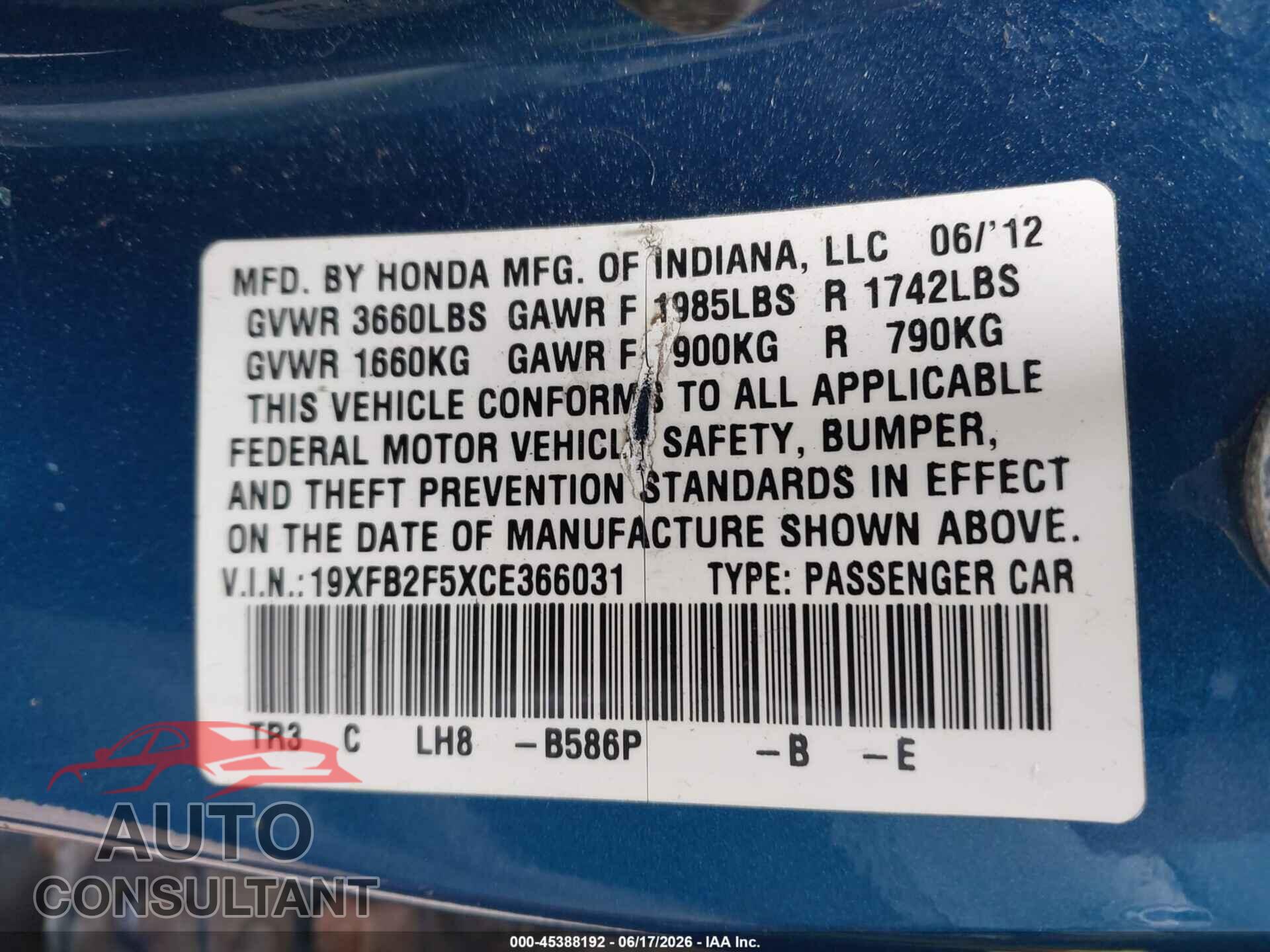 HONDA CIVIC 2012 - 19XFB2F5XCE366031
