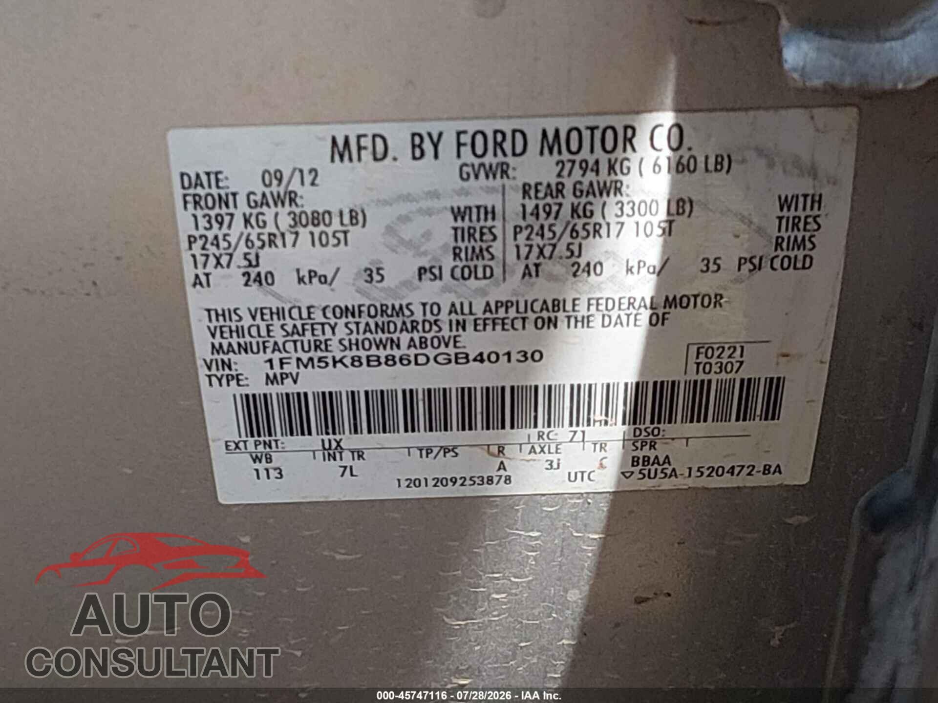 FORD EXPLORER 2013 - 1FM5K8B86DGB40130