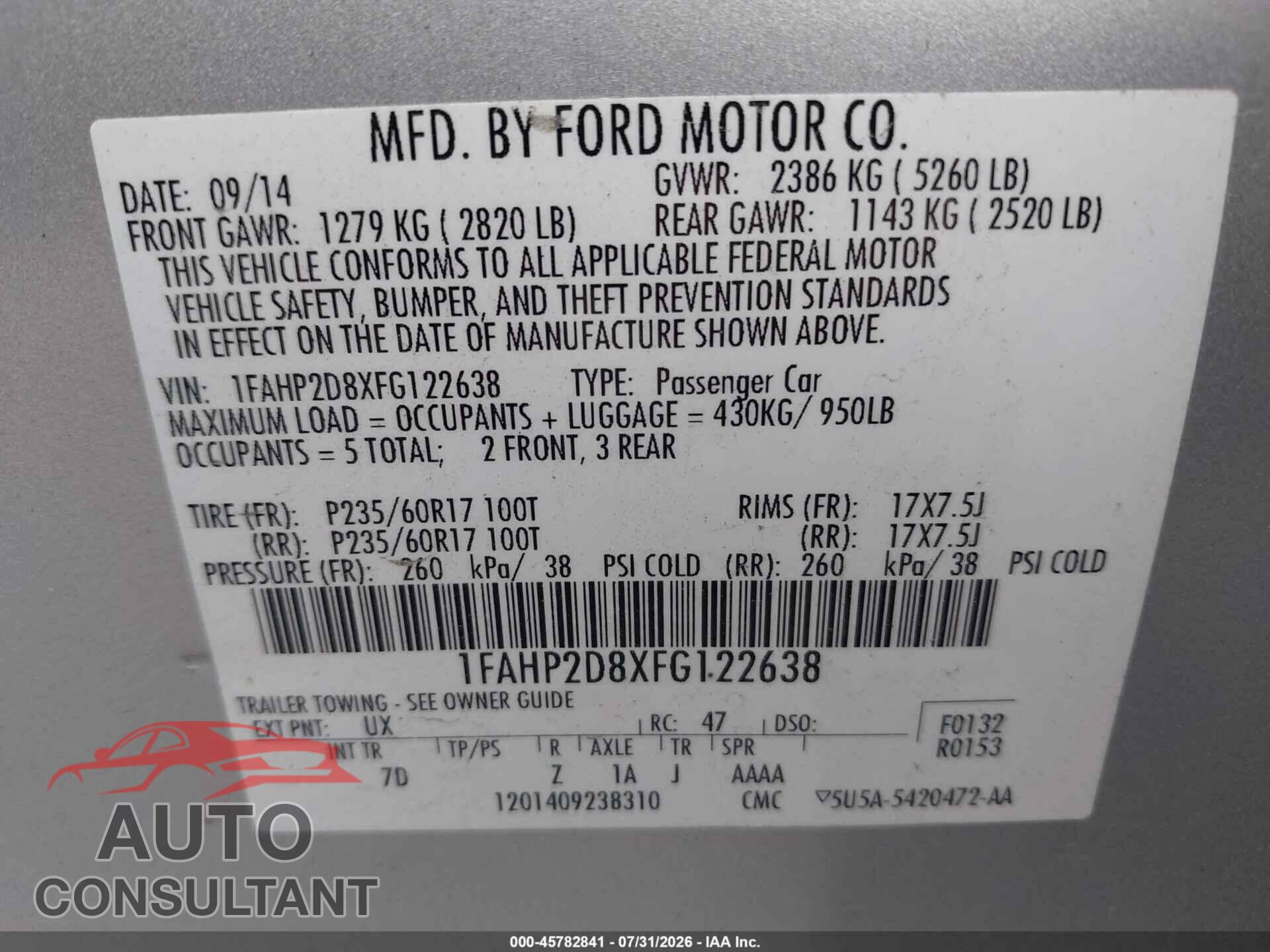 FORD TAURUS 2015 - 1FAHP2D8XFG122638
