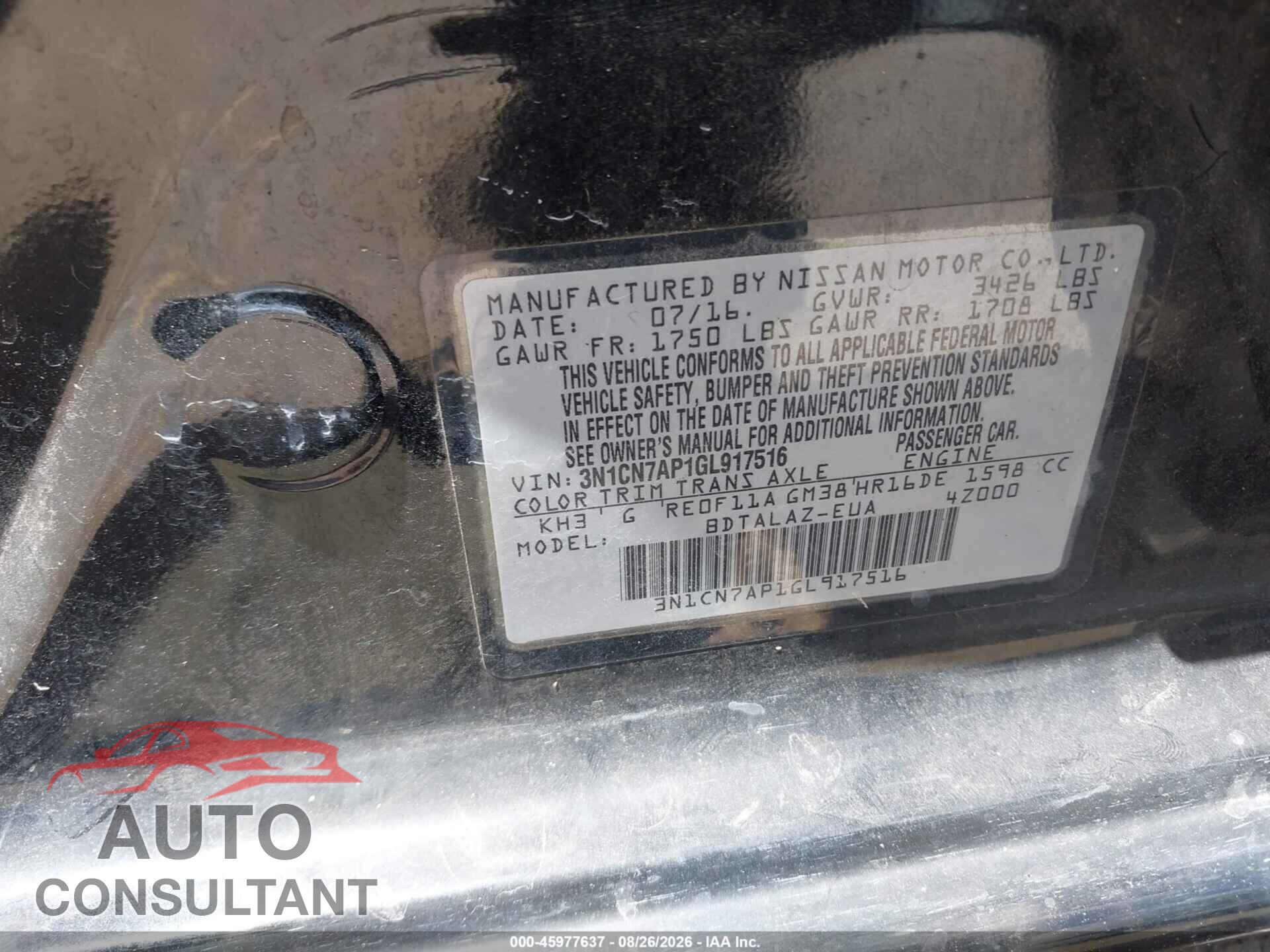 NISSAN VERSA 2016 - 3N1CN7AP1GL917516