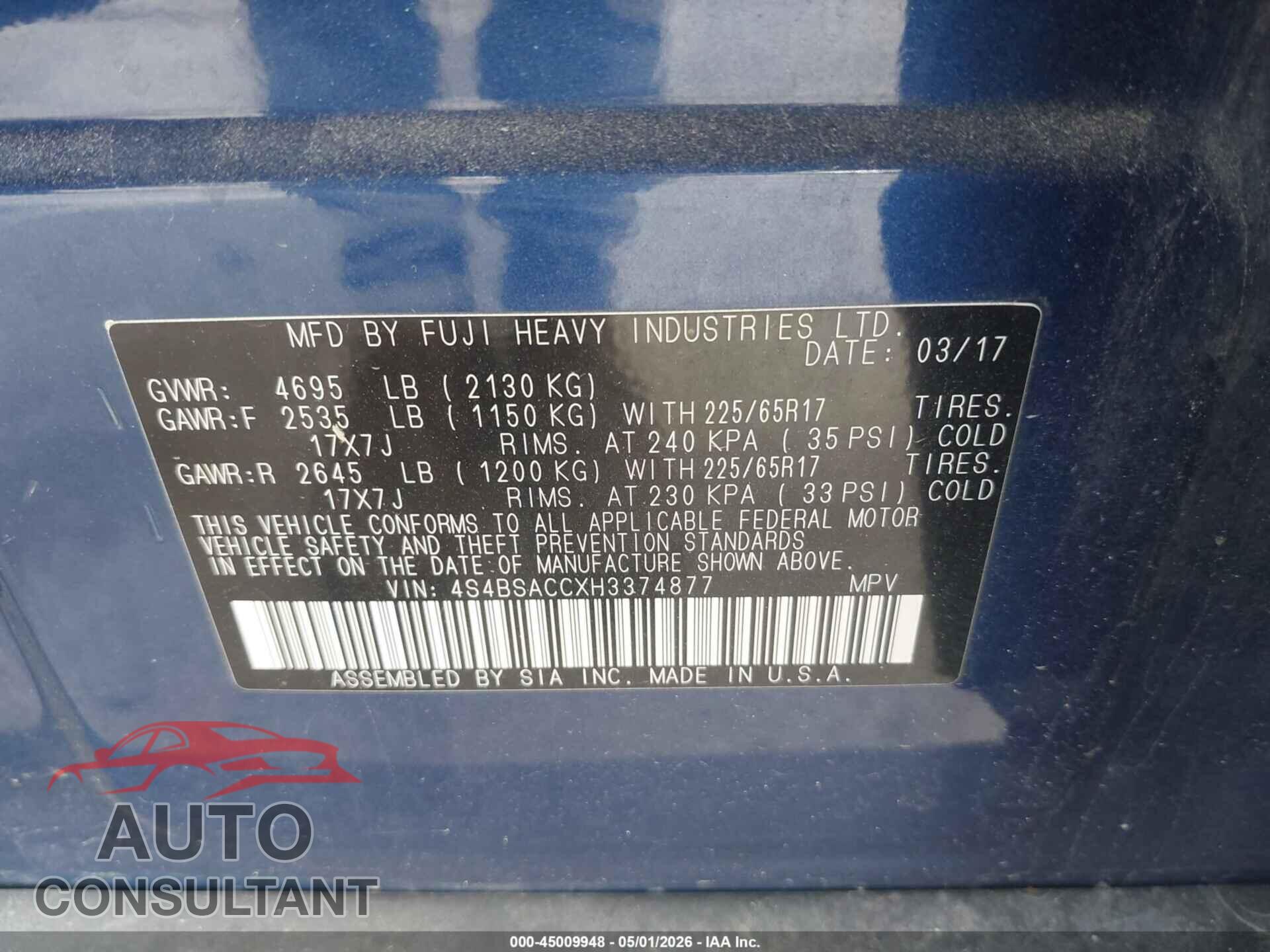 SUBARU OUTBACK 2017 - 4S4BSACCXH3374877