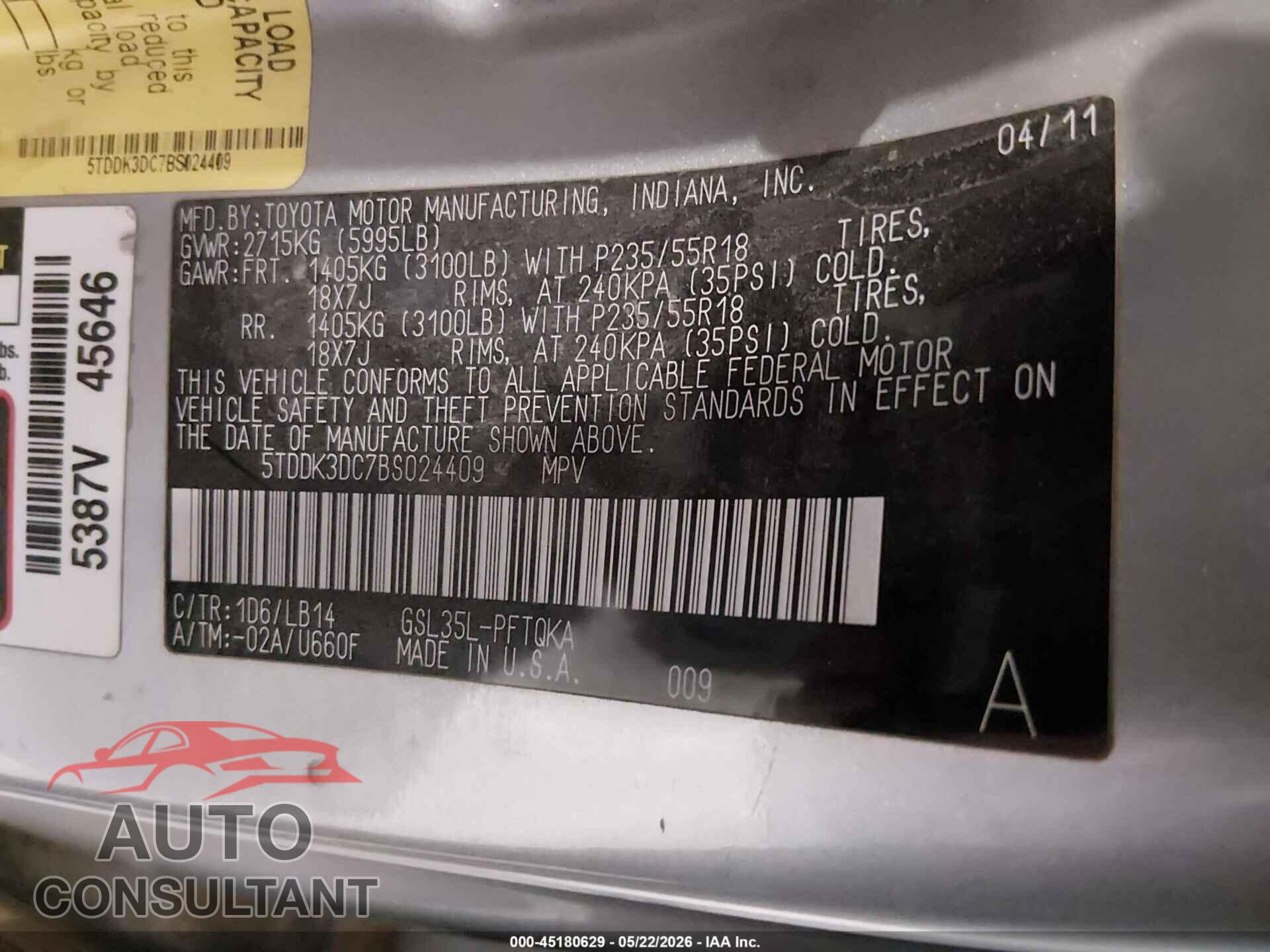 TOYOTA SIENNA 2011 - 5TDDK3DC7BS024409