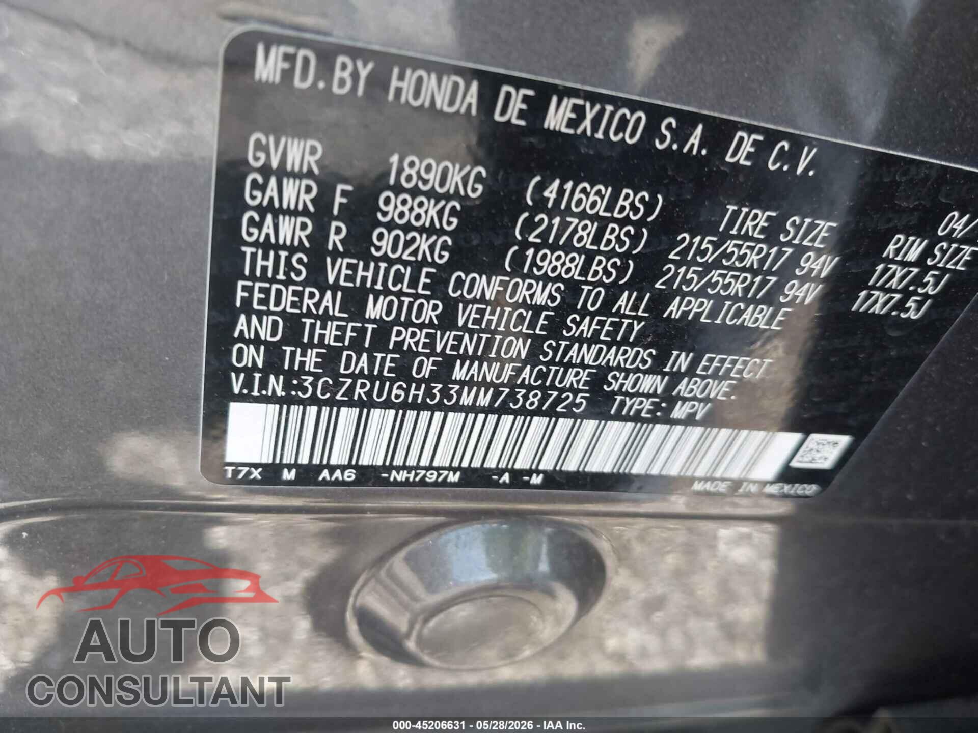 HONDA HR-V 2021 - 3CZRU6H33MM738725