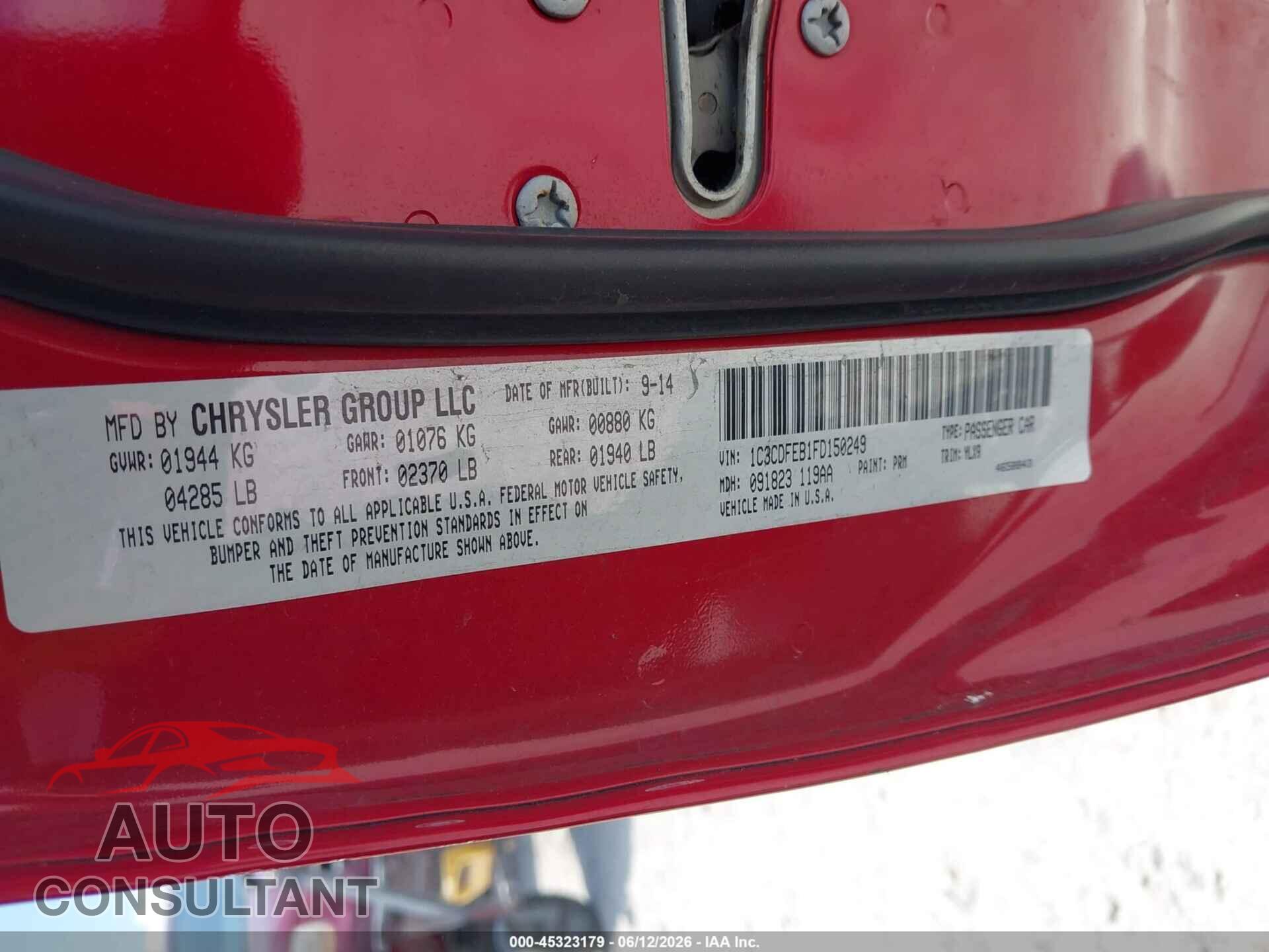 DODGE DART 2015 - 1C3CDFEB1FD150249