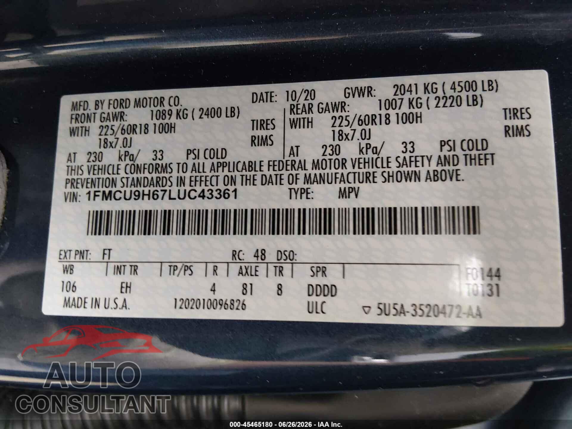 FORD ESCAPE 2020 - 1FMCU9H67LUC43361