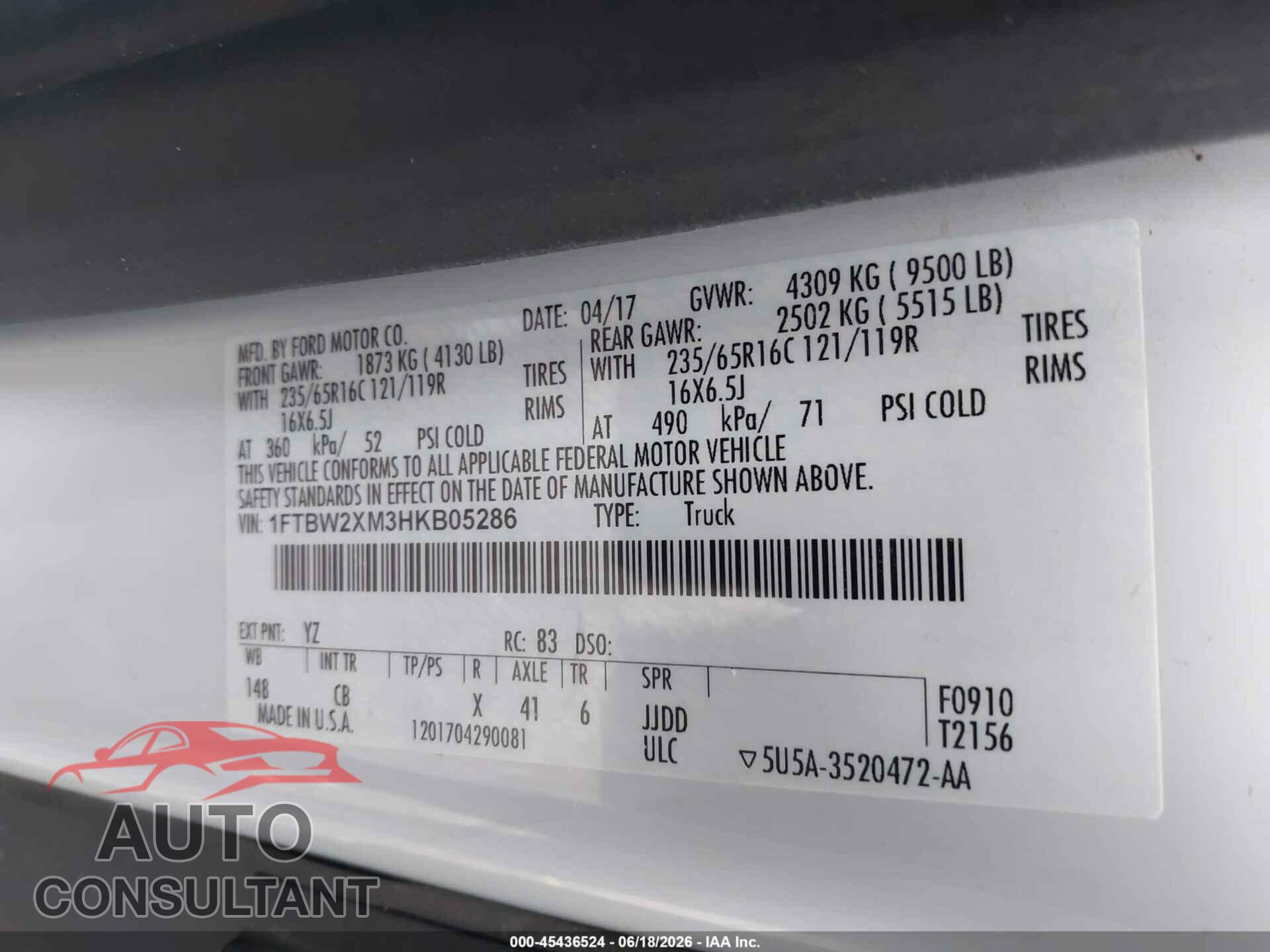 FORD TRANSIT-350 2017 - 1FTBW2XM3HKB05286