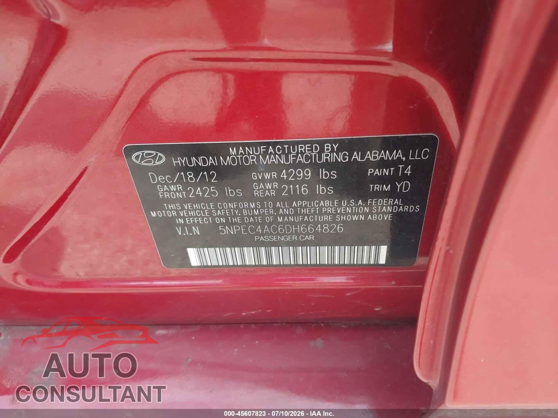 HYUNDAI SONATA 2013 - 5NPEC4AC6DH664826