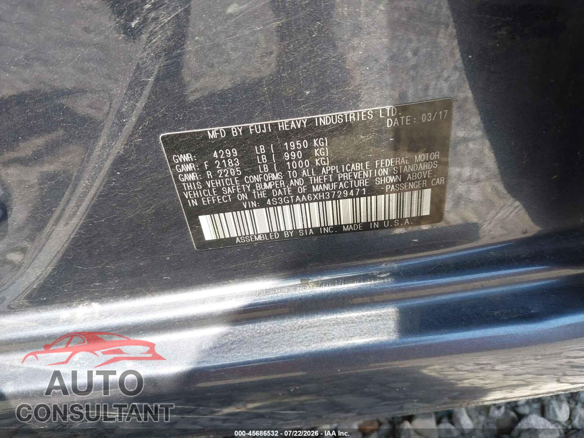 SUBARU IMPREZA 2017 - 4S3GTAA6XH3729471