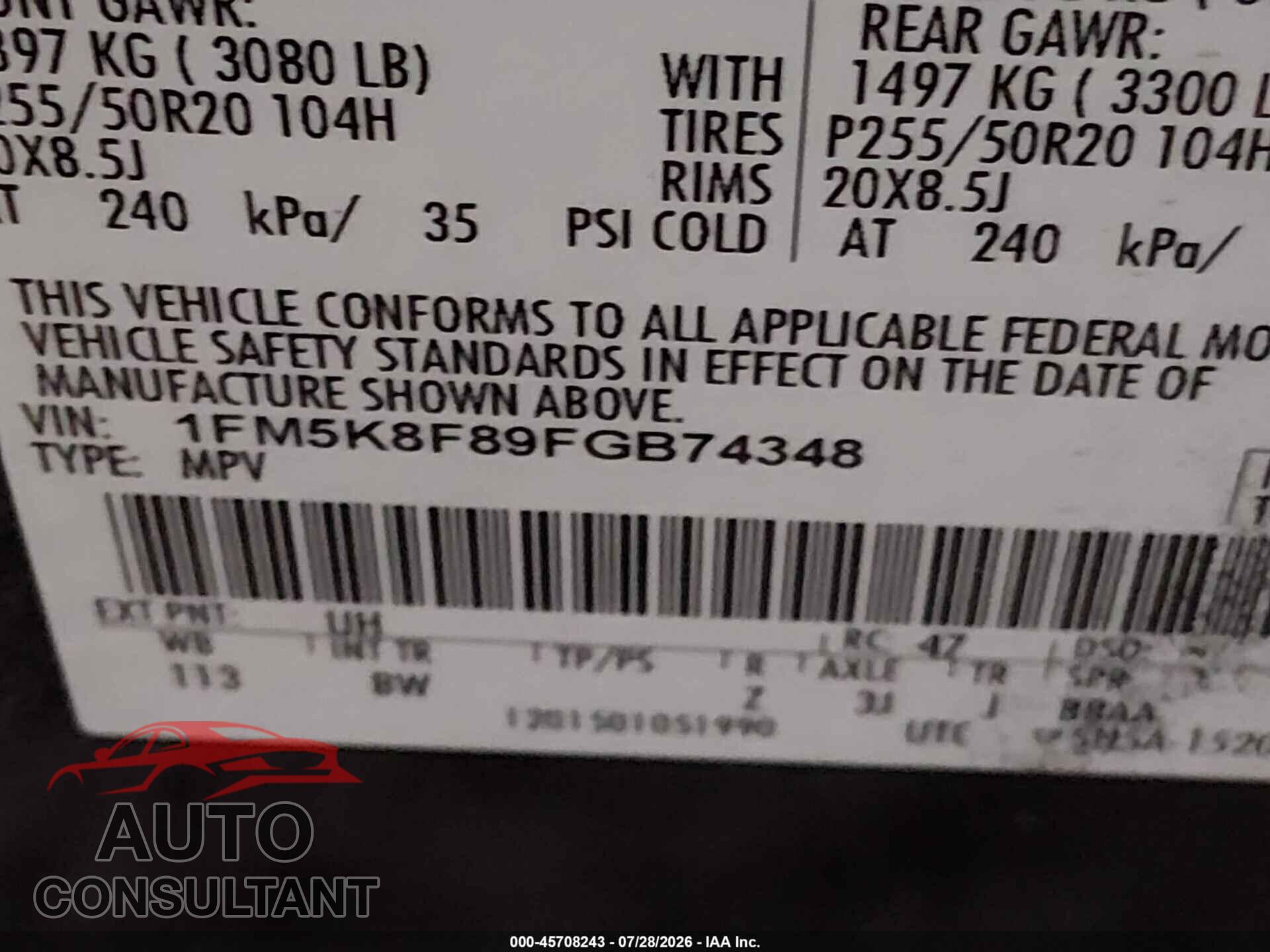 FORD EXPLORER 2015 - 1FM5K8F89FGB74348