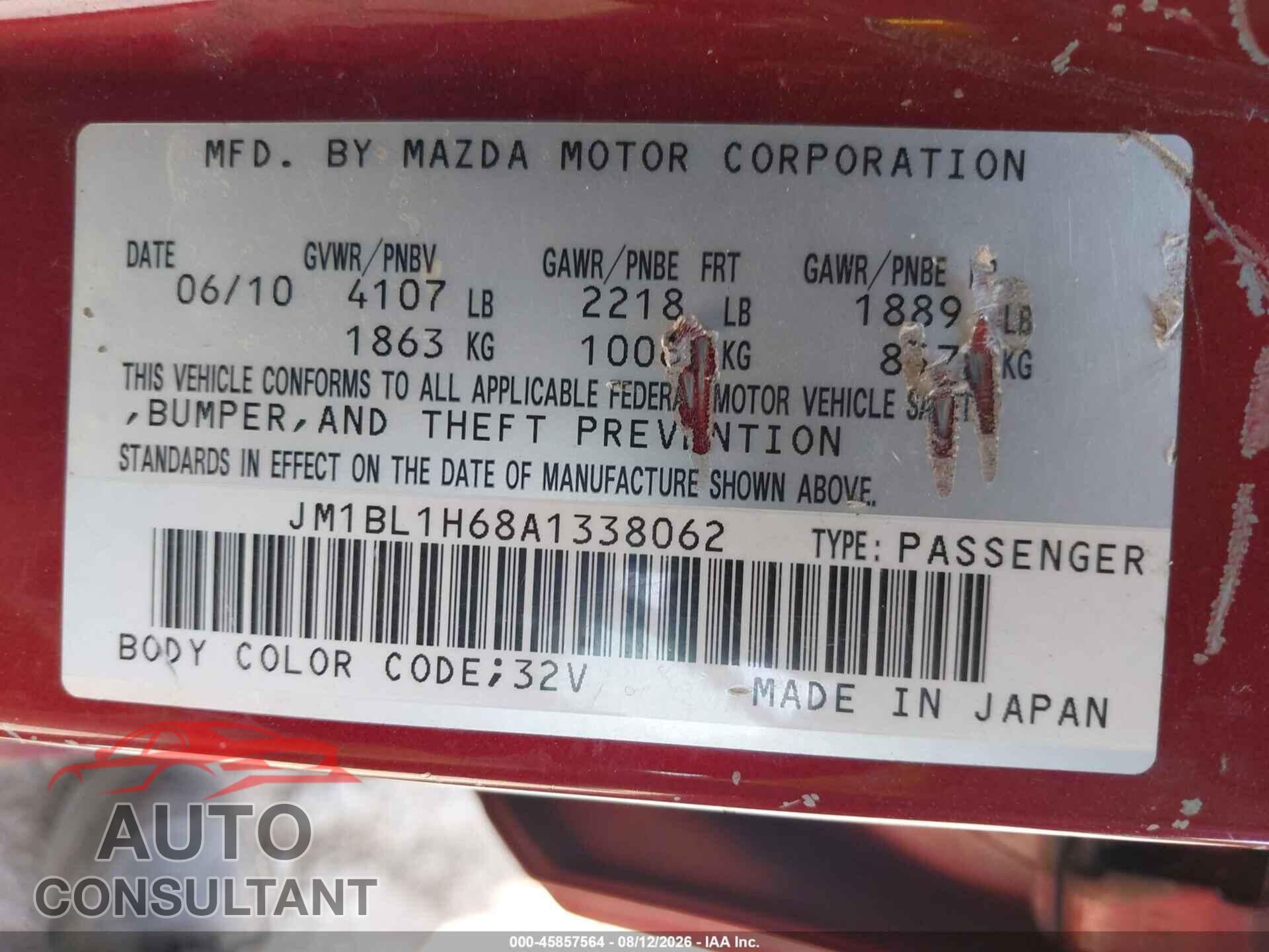 MAZDA MAZDA3 2010 - JM1BL1H68A1338062