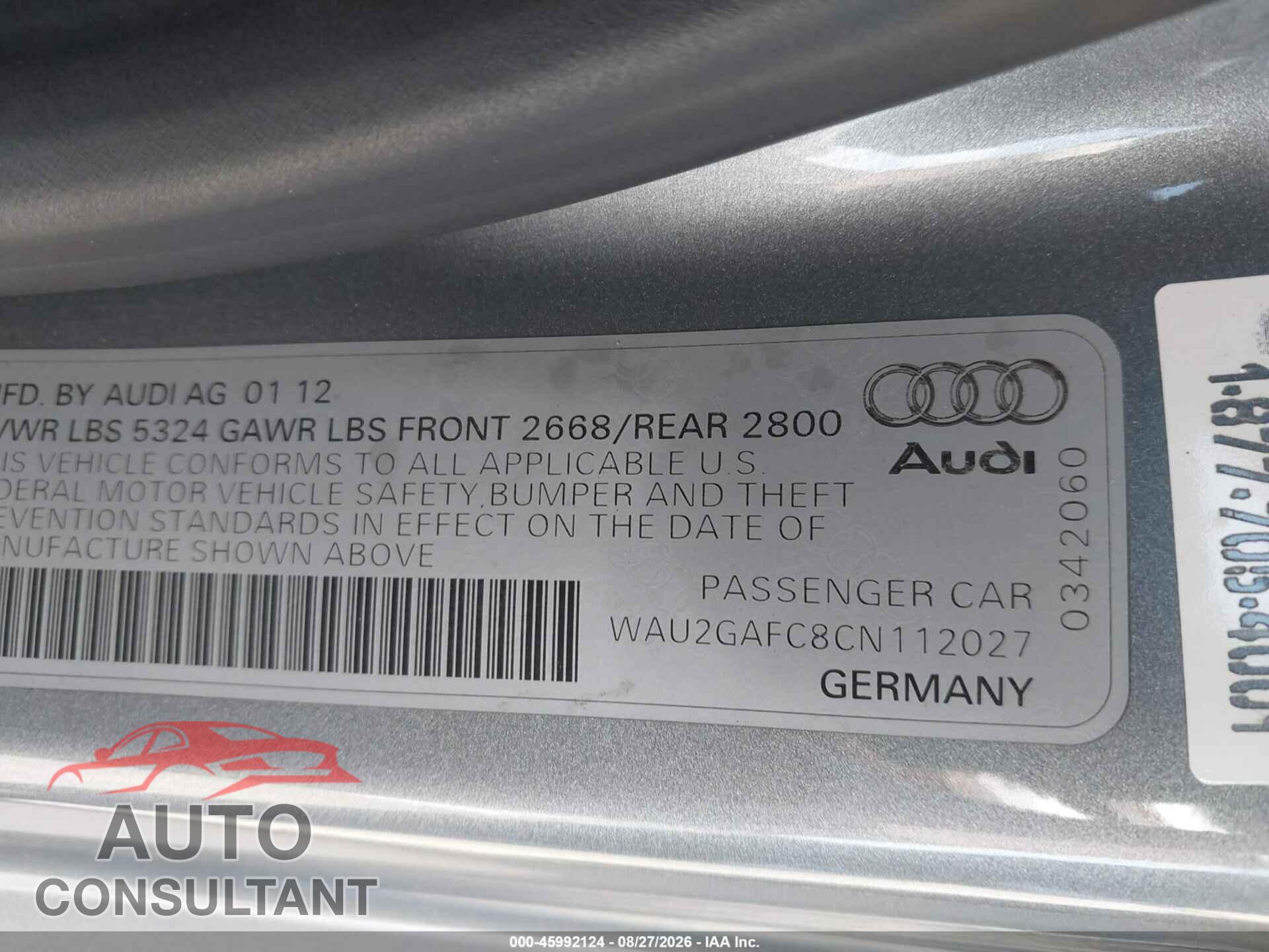 AUDI A7 2012 - WAU2GAFC8CN112027