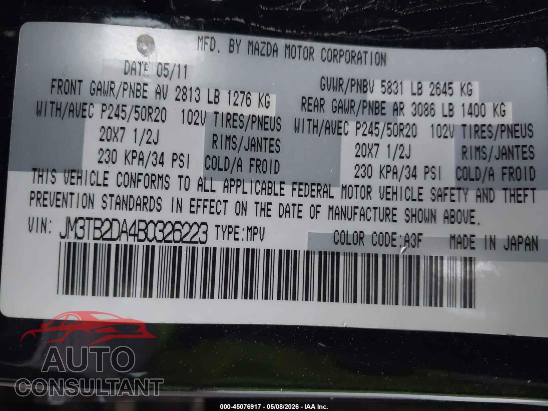 MAZDA CX-9 2011 - JM3TB2DA4B0326223