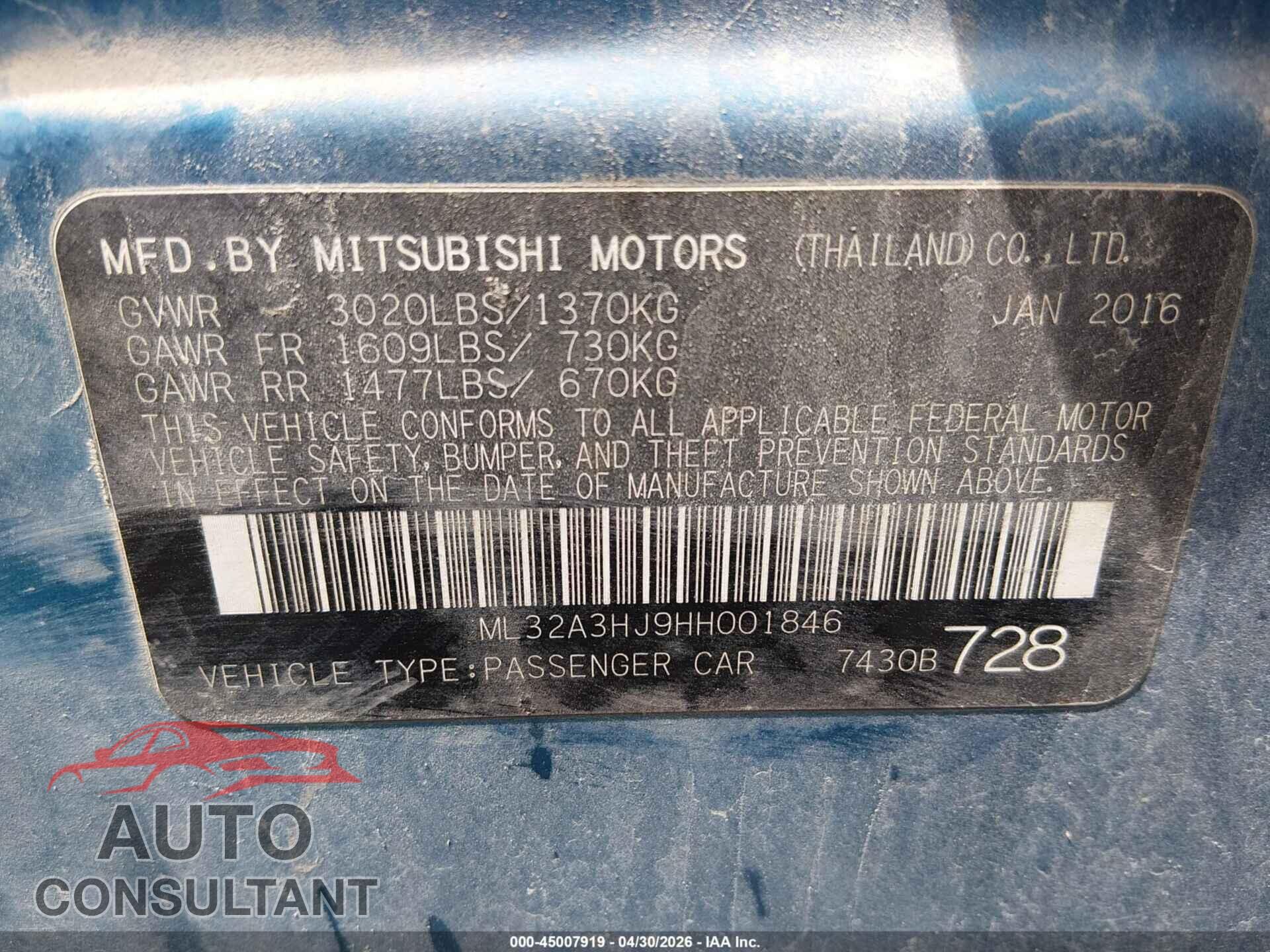MITSUBISHI MIRAGE 2017 - ML32A3HJ9HH001846