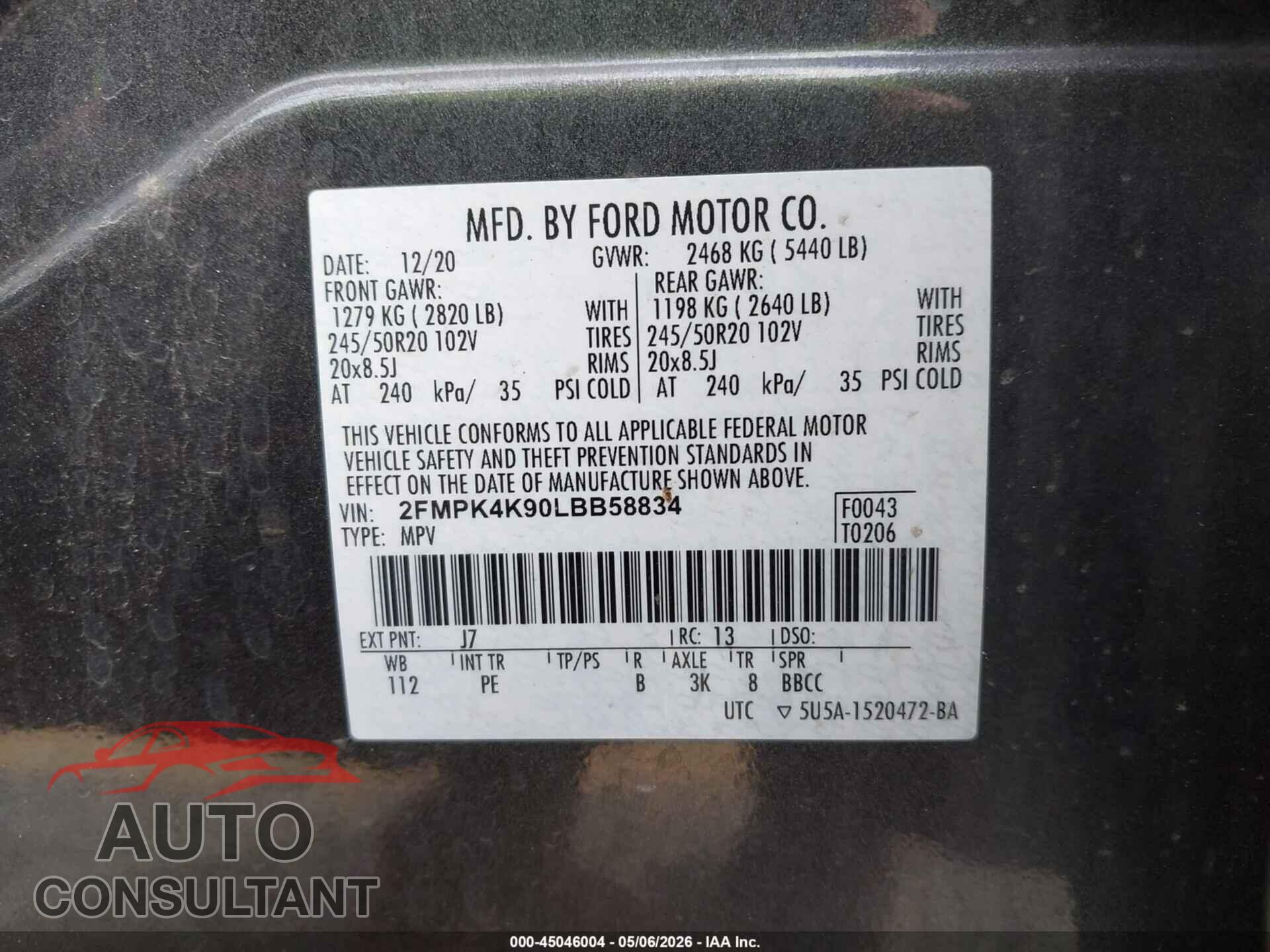 FORD EDGE 2020 - 2FMPK4K90LBB58834