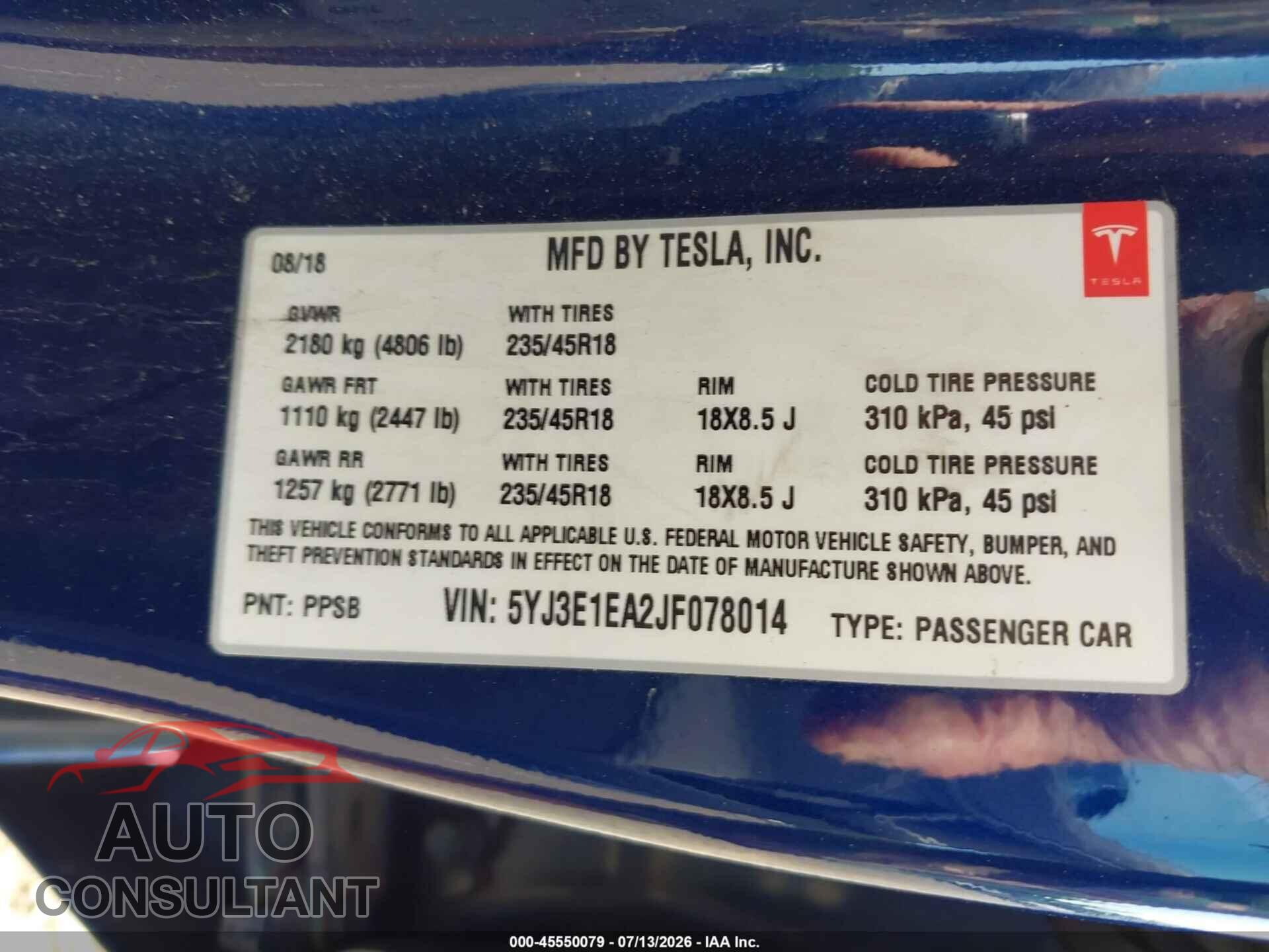 TESLA MODEL 3 2018 - 5YJ3E1EA2JF078014