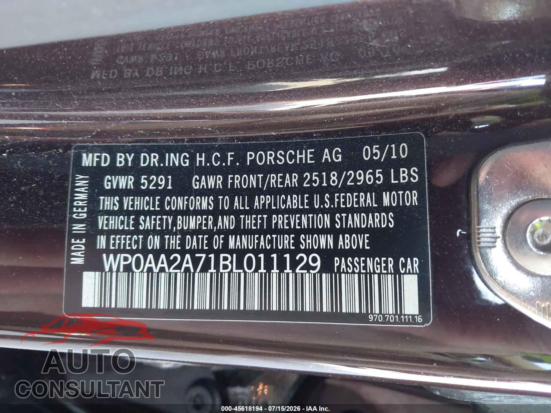 PORSCHE PANAMERA 2011 - WP0AA2A71BL011129