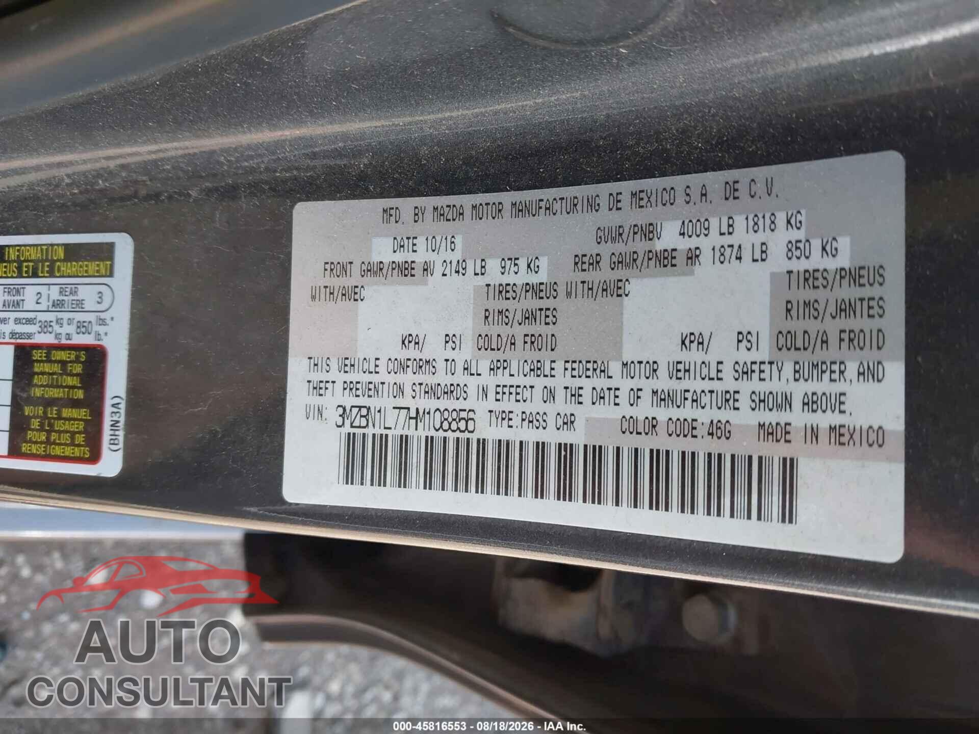 MAZDA MAZDA3 2017 - 3MZBN1L77HM108856