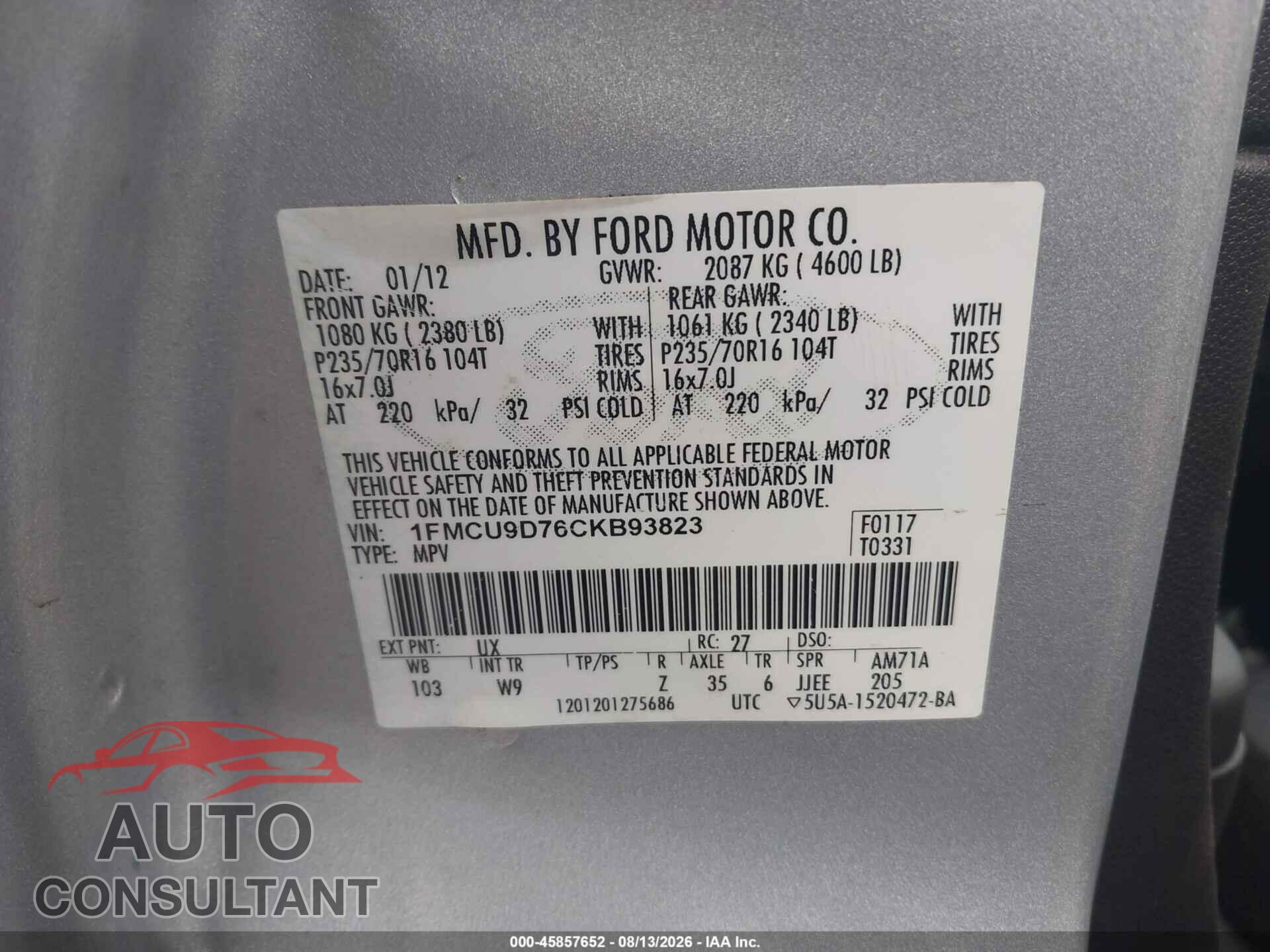 FORD ESCAPE 2012 - 1FMCU9D76CKB93823