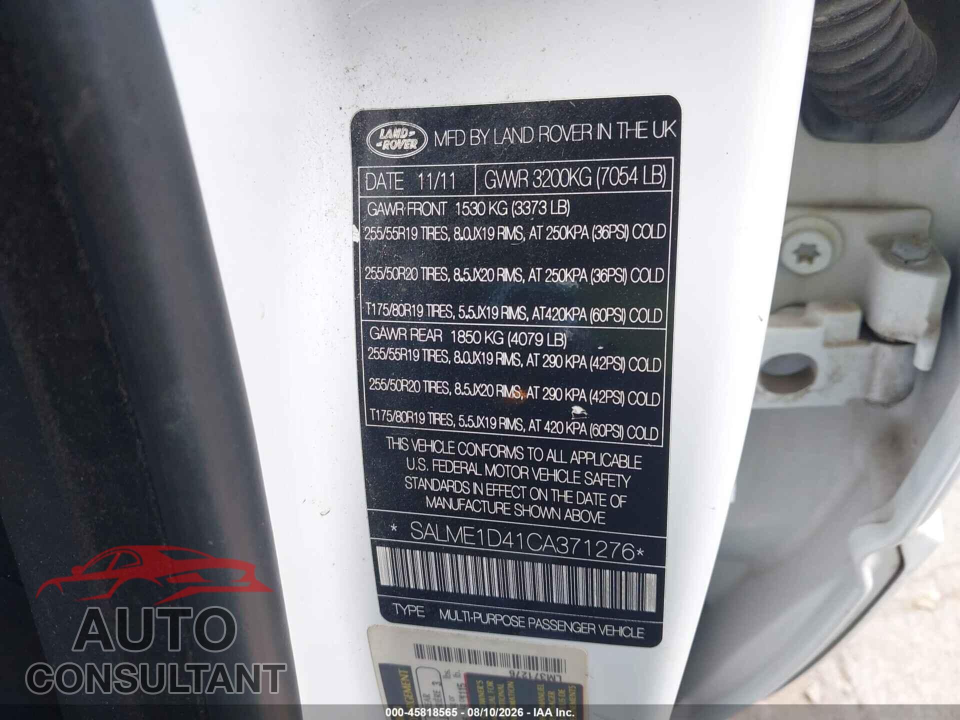 LAND ROVER RANGE ROVER 2012 - SALME1D41CA371276