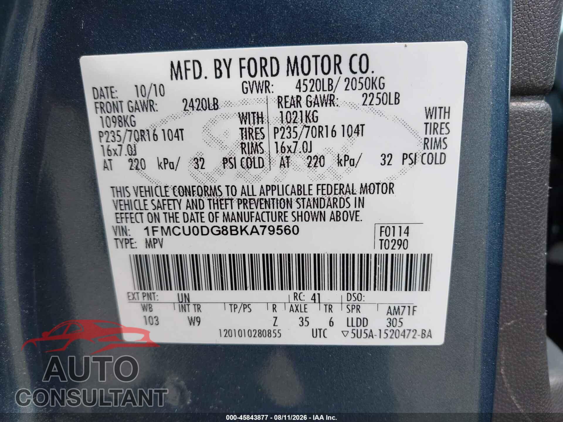 FORD ESCAPE 2011 - 1FMCU0DG8BKA79560