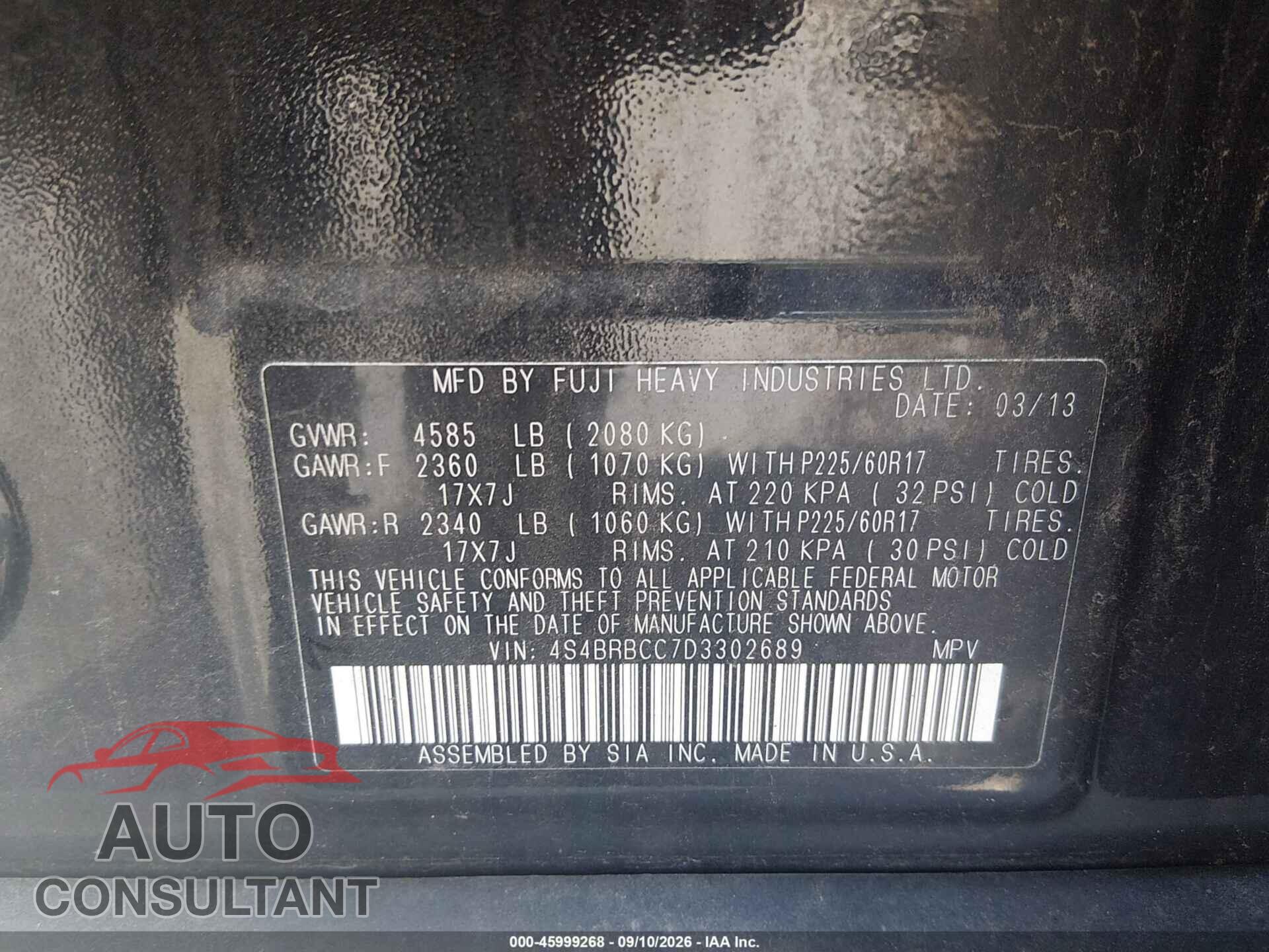 SUBARU OUTBACK 2013 - 4S4BRBCC7D3302689
