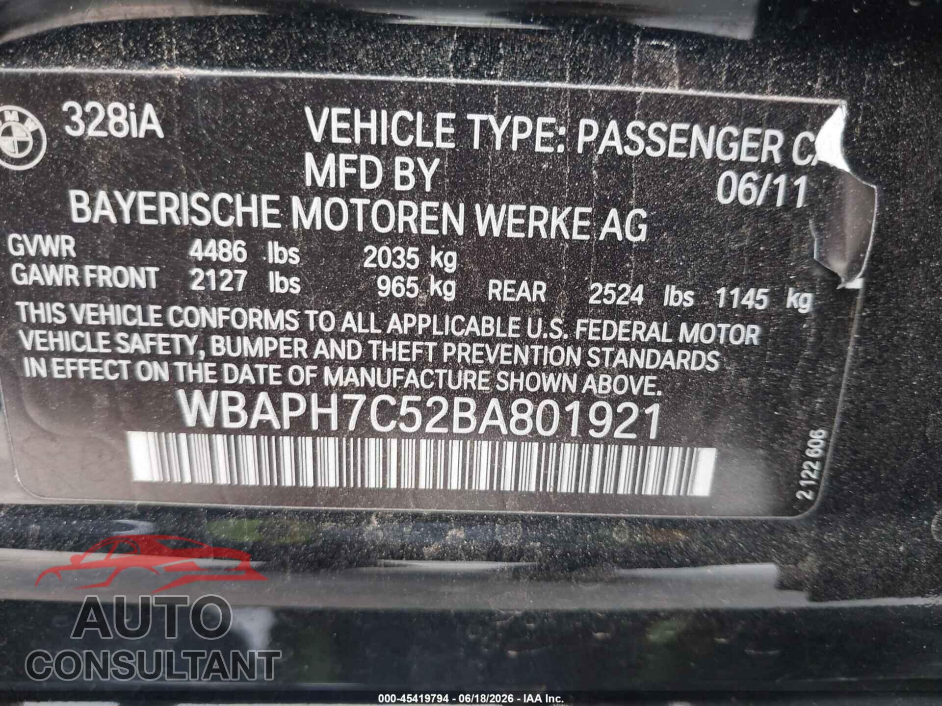 BMW 328I 2011 - WBAPH7C52BA801921