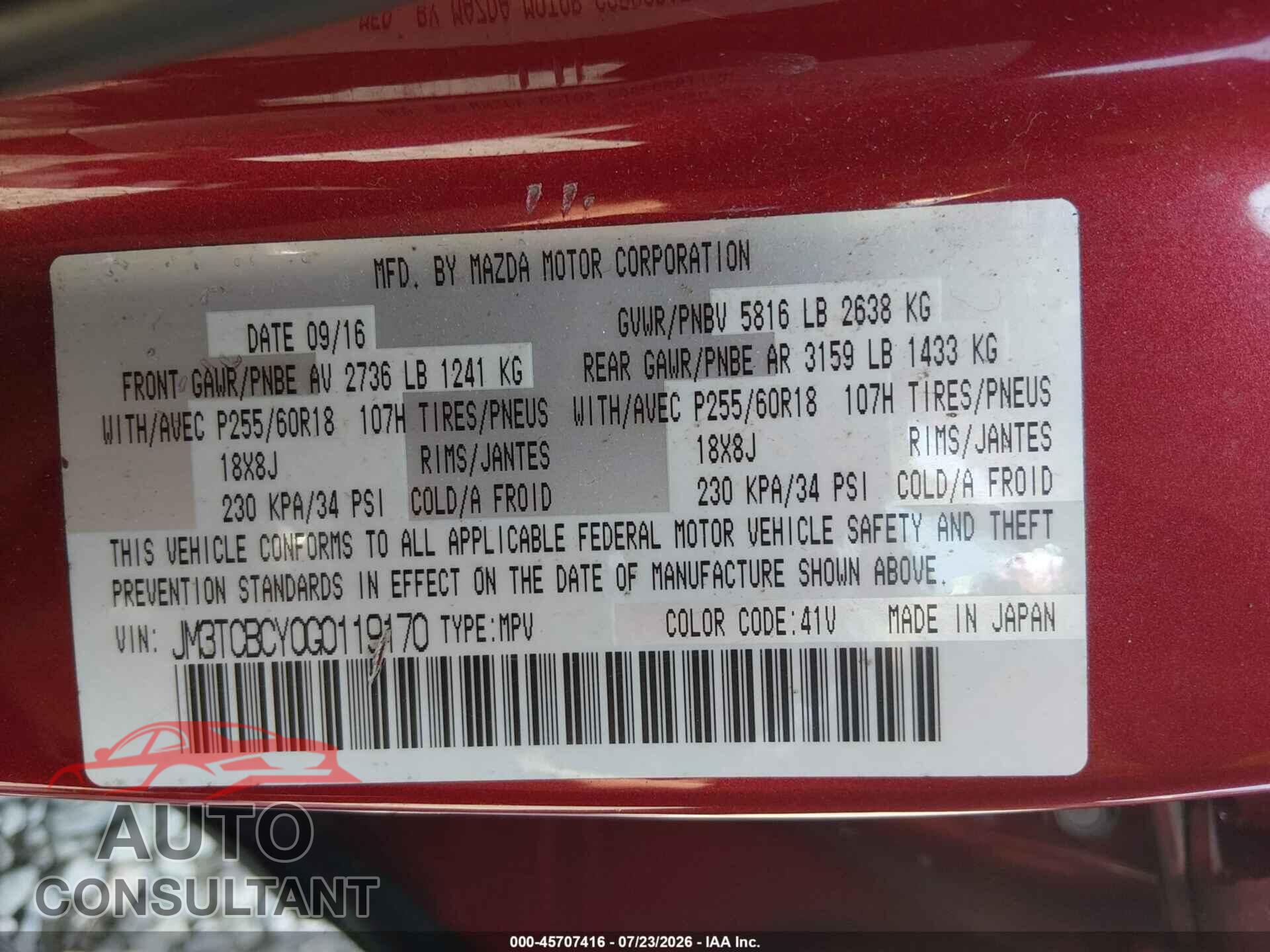MAZDA CX-9 2016 - JM3TCBCY0G0119170