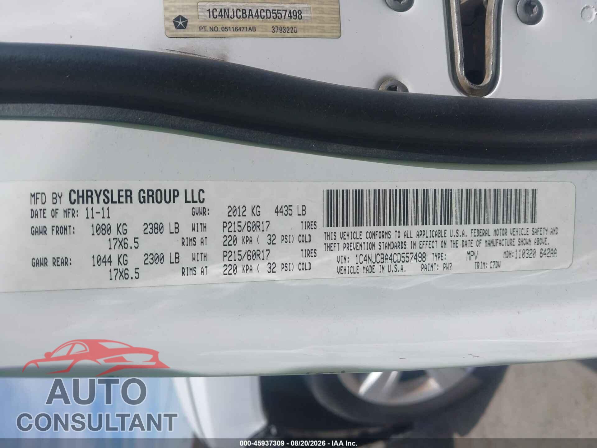 JEEP COMPASS 2012 - 1C4NJCBA4CD557498