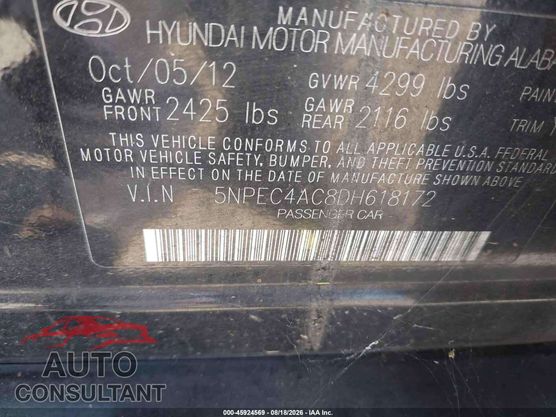 HYUNDAI SONATA 2013 - 5NPEC4AC8DH618172