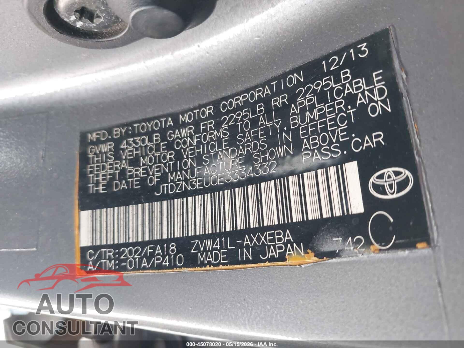TOYOTA PRIUS V 2014 - JTDZN3EU0E3334332