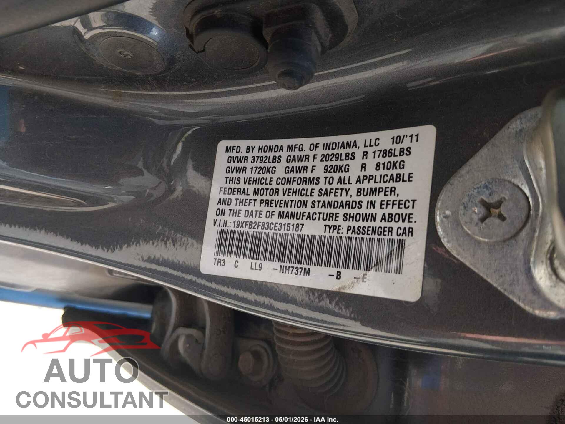 HONDA CIVIC 2012 - 19XFB2F83CE315187