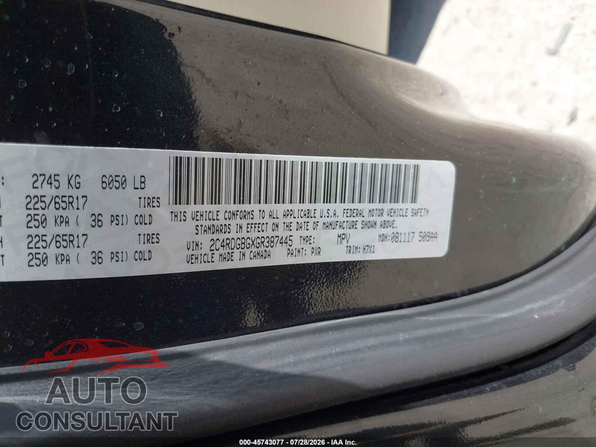 DODGE GRAND CARAVAN 2016 - 2C4RDGBGXGR387445