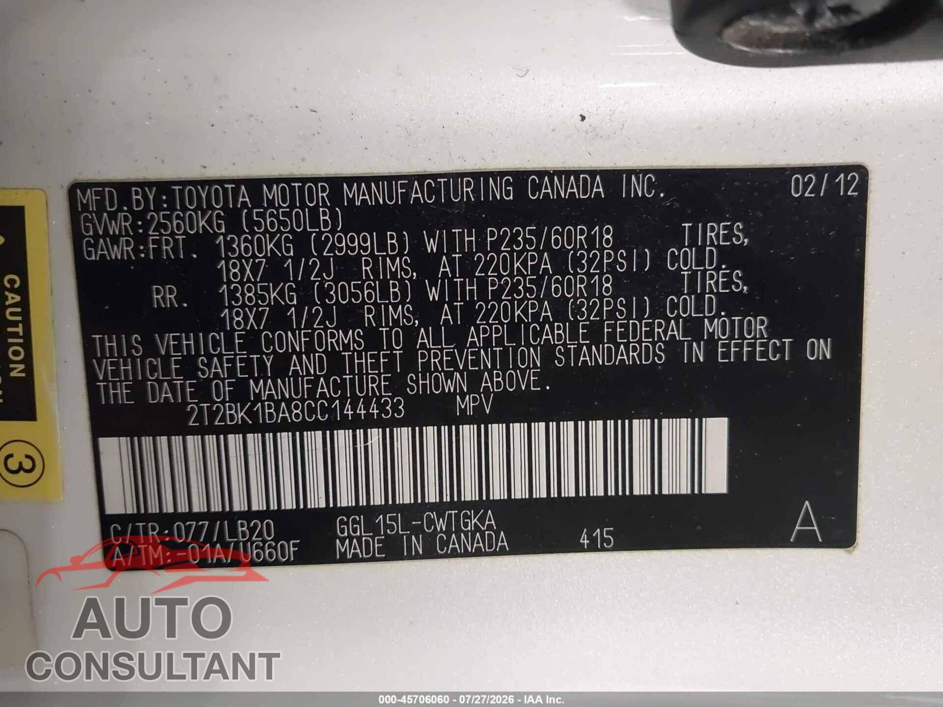 LEXUS RX 350 2012 - 2T2BK1BA8CC144433