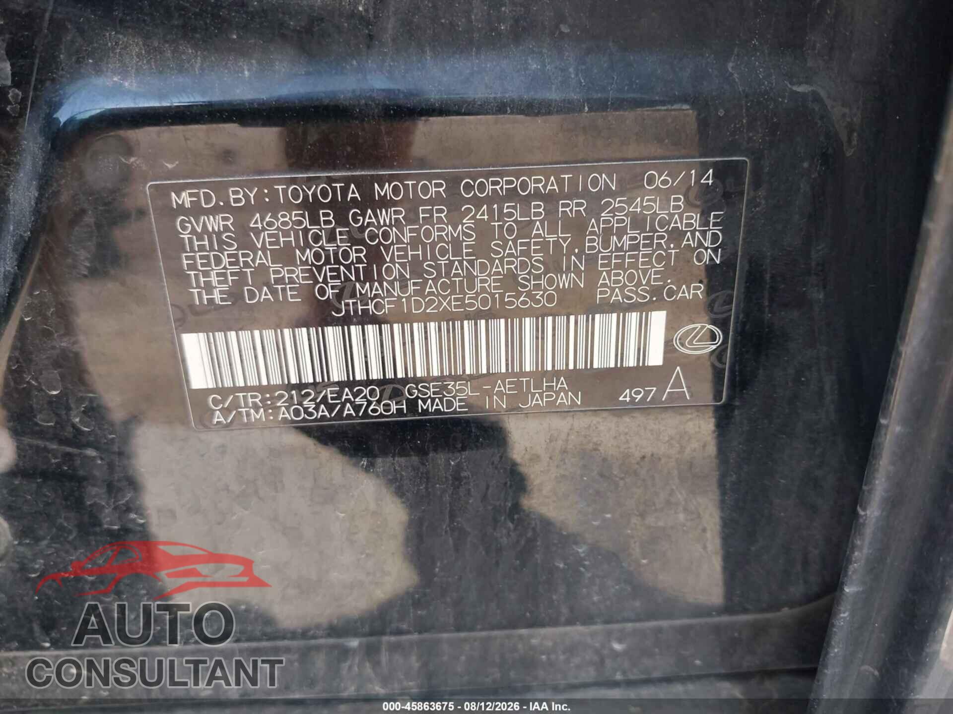 LEXUS IS 250 2014 - JTHCF1D2XE5015630