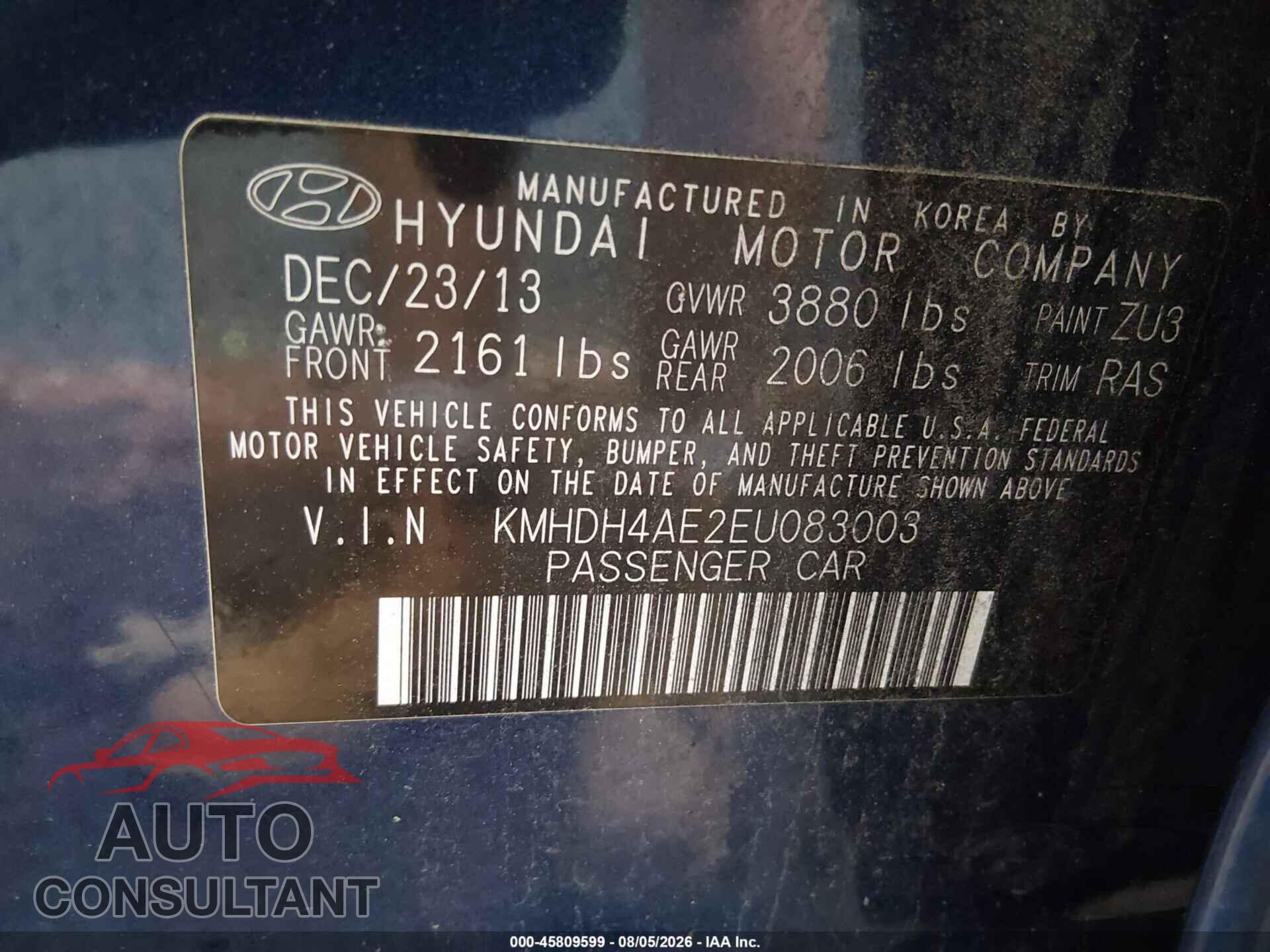 HYUNDAI ELANTRA 2014 - KMHDH4AE2EU083003