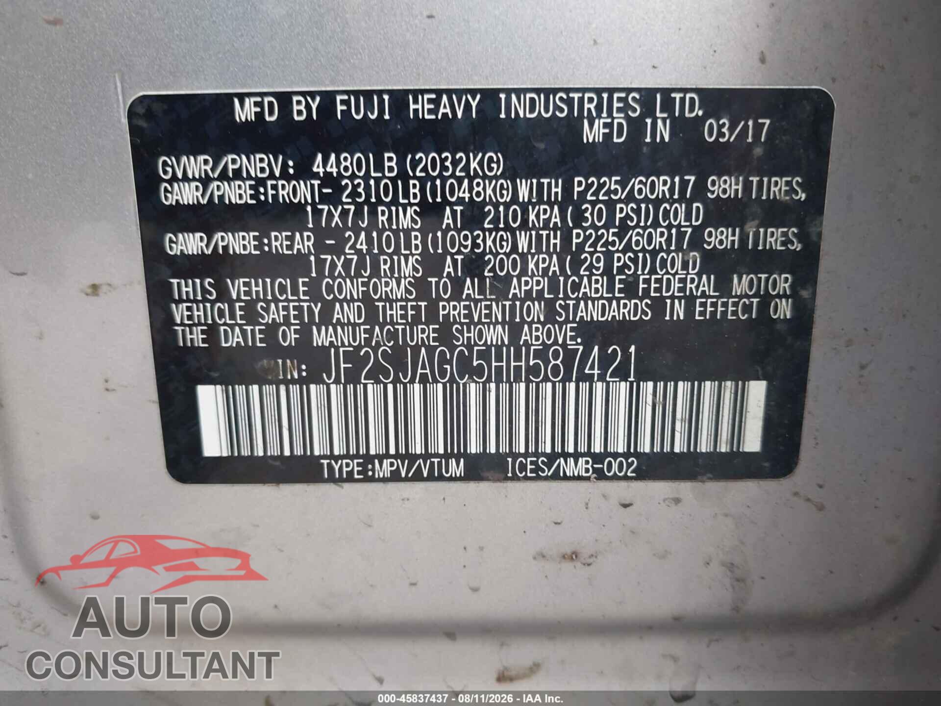 SUBARU FORESTER 2017 - JF2SJAGC5HH587421