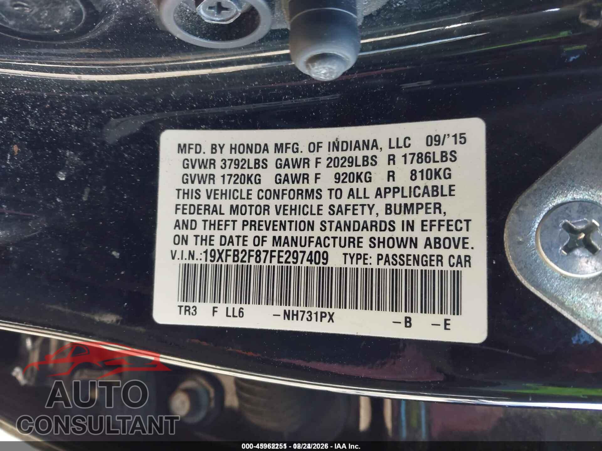 HONDA CIVIC 2015 - 19XFB2F87FE297409