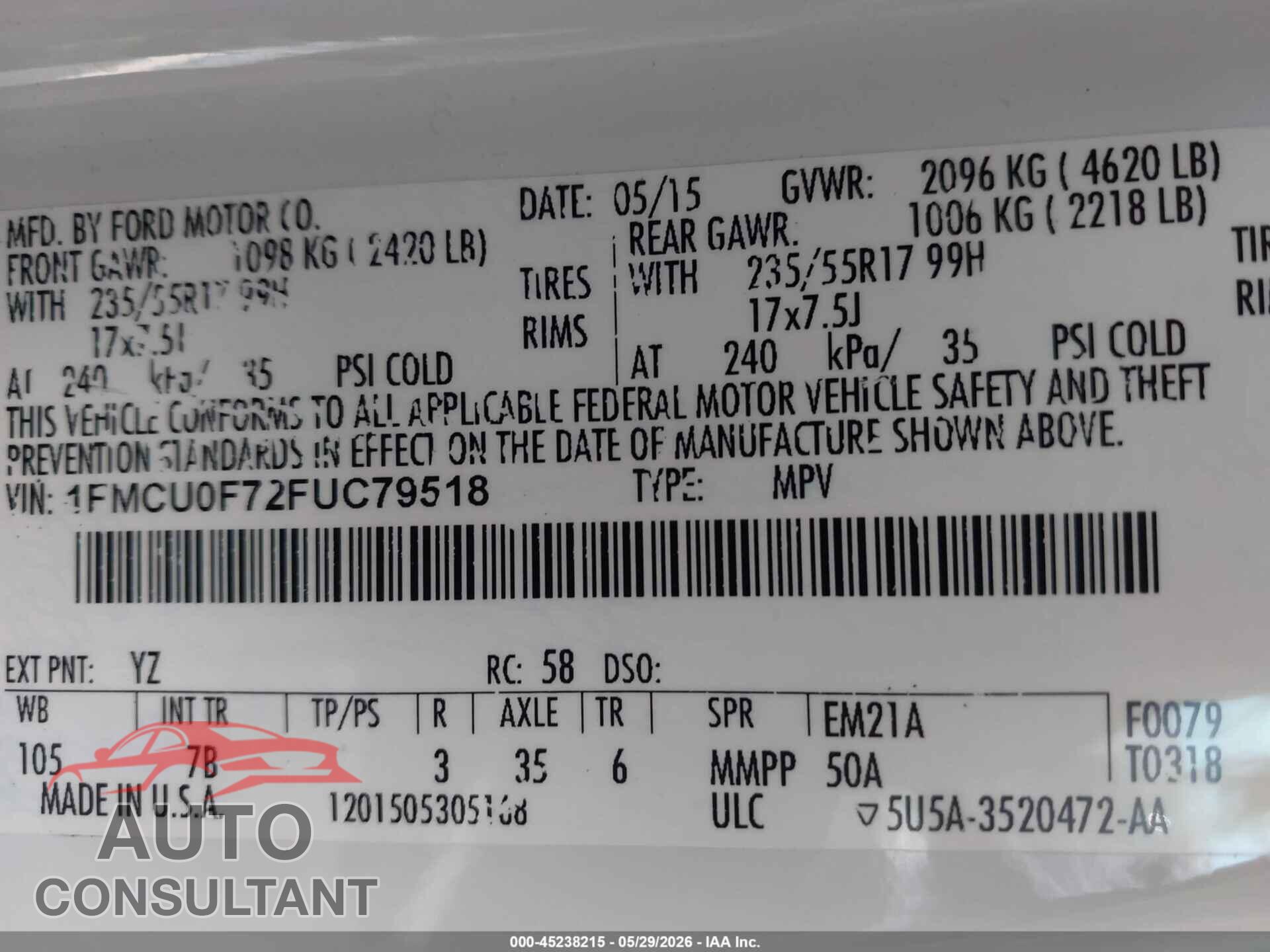 FORD ESCAPE 2015 - 1FMCU0F72FUC79518