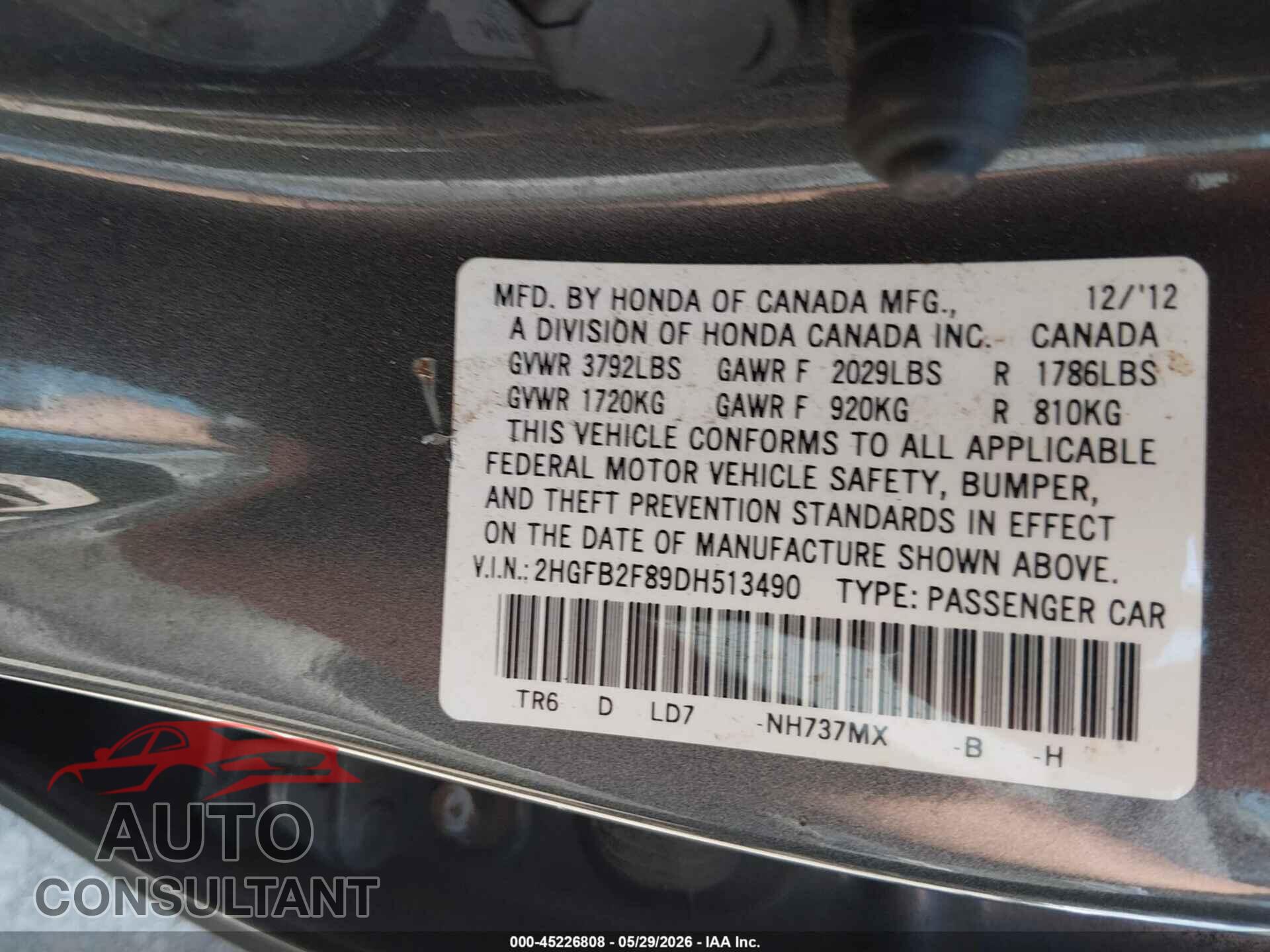 HONDA CIVIC 2013 - 2HGFB2F89DH513490