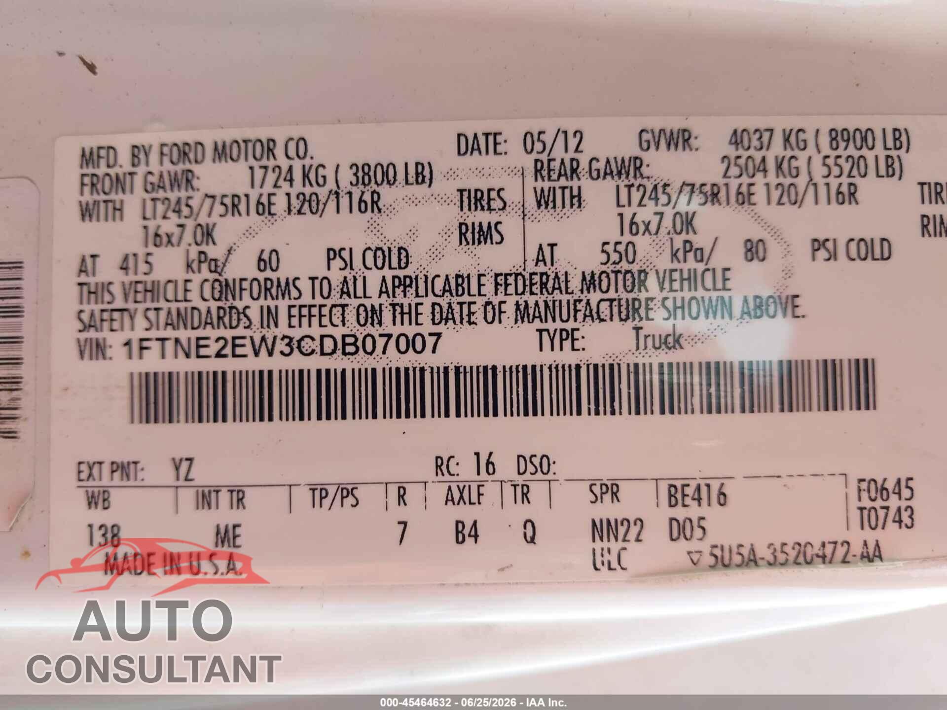 FORD E-250 2012 - 1FTNE2EW3CDB07007