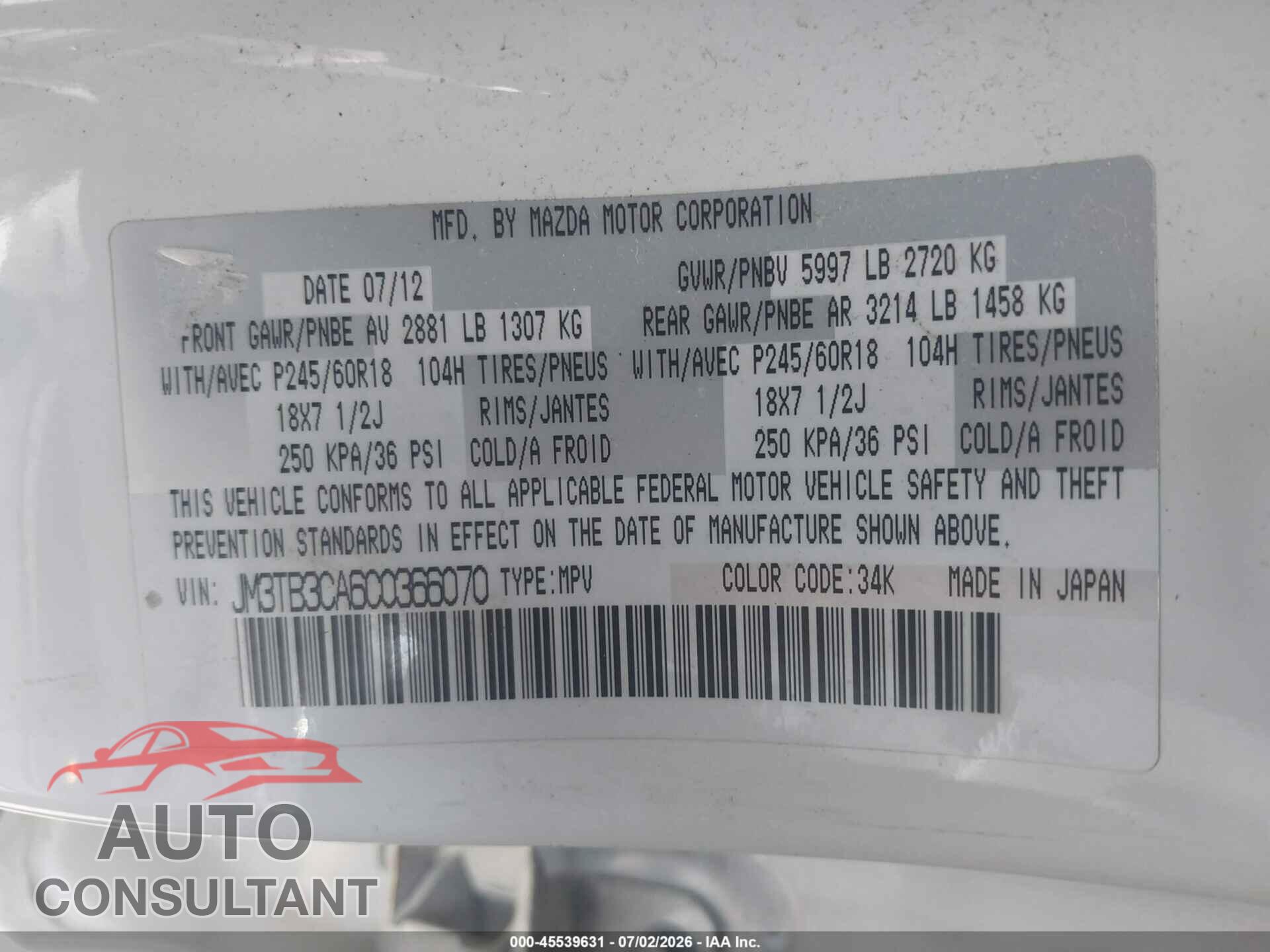 MAZDA CX-9 2012 - JM3TB3CA6C0366070