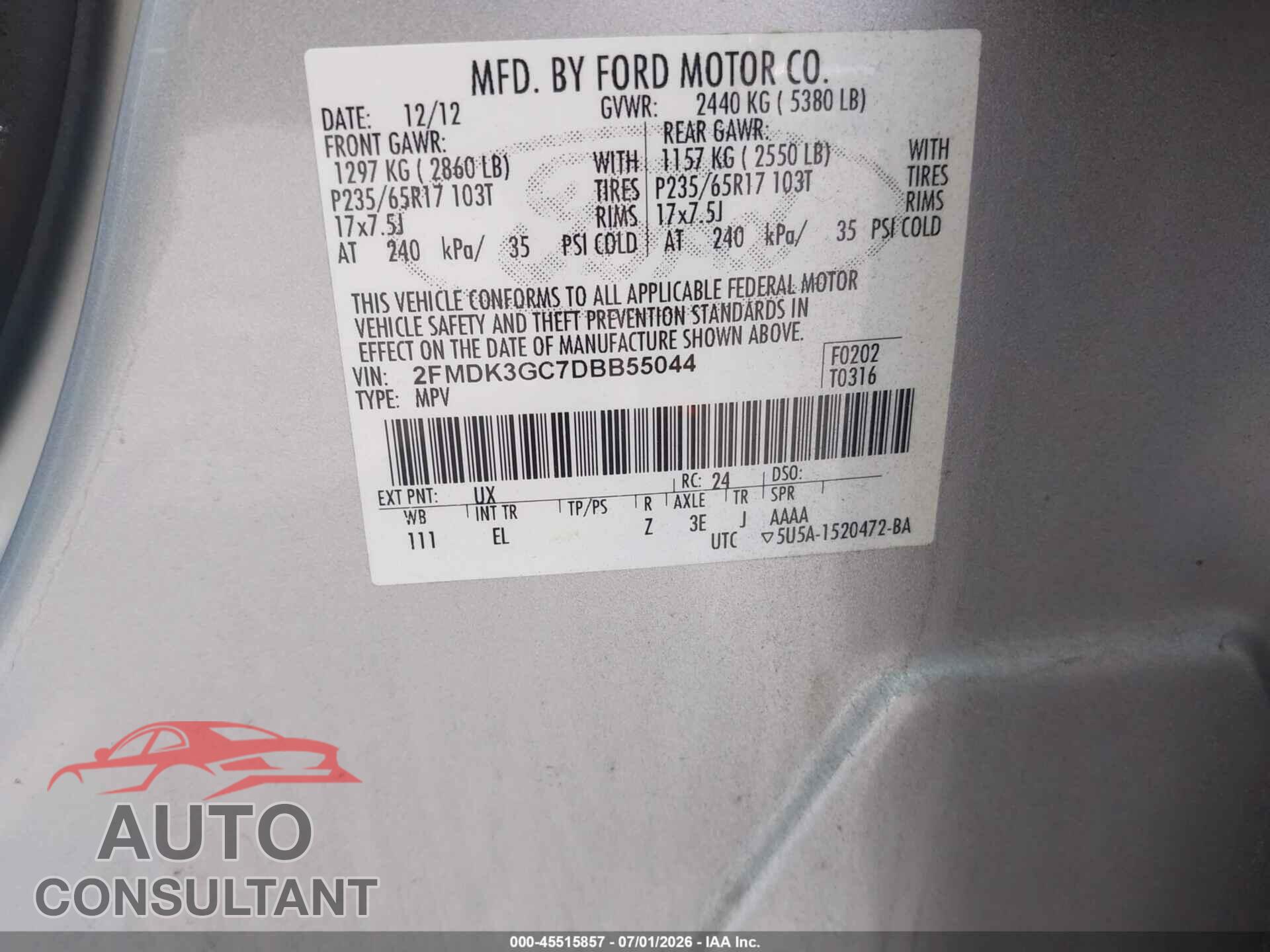 FORD EDGE 2013 - 2FMDK3GC7DBB55044