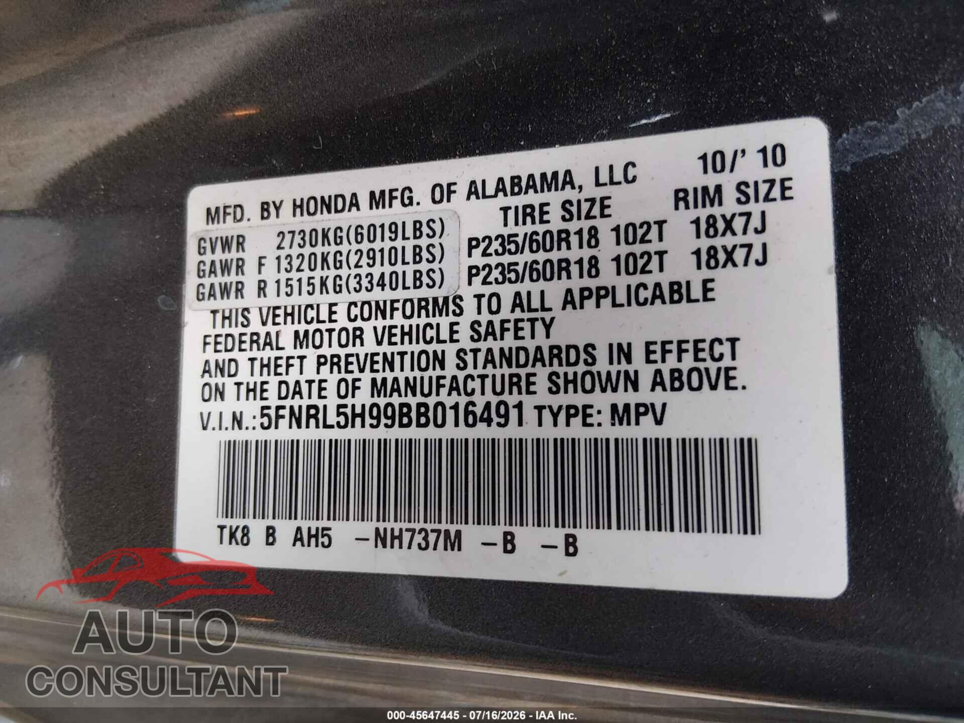 HONDA ODYSSEY 2011 - 5FNRL5H99BB016491