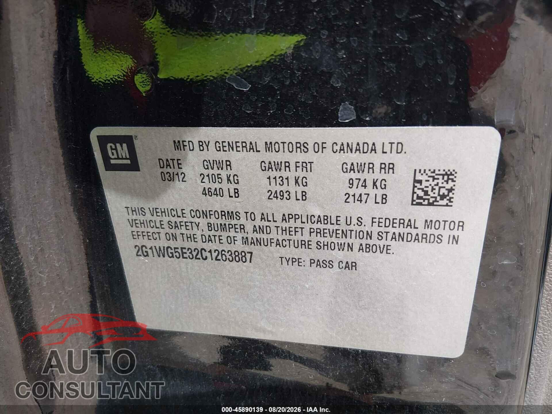 CHEVROLET IMPALA 2012 - 2G1WG5E32C1263887