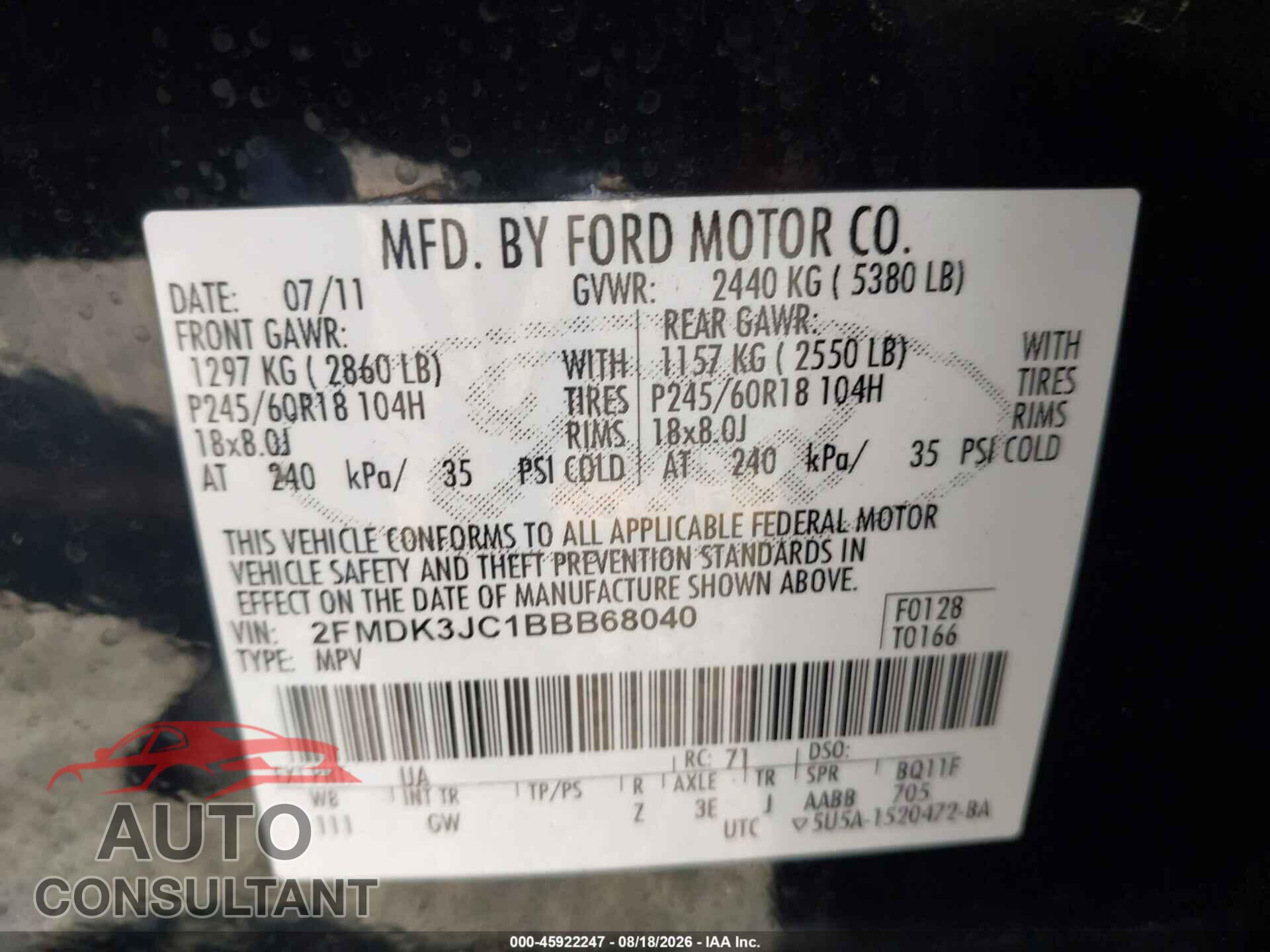 FORD EDGE 2011 - 2FMDK3JC1BBB68040