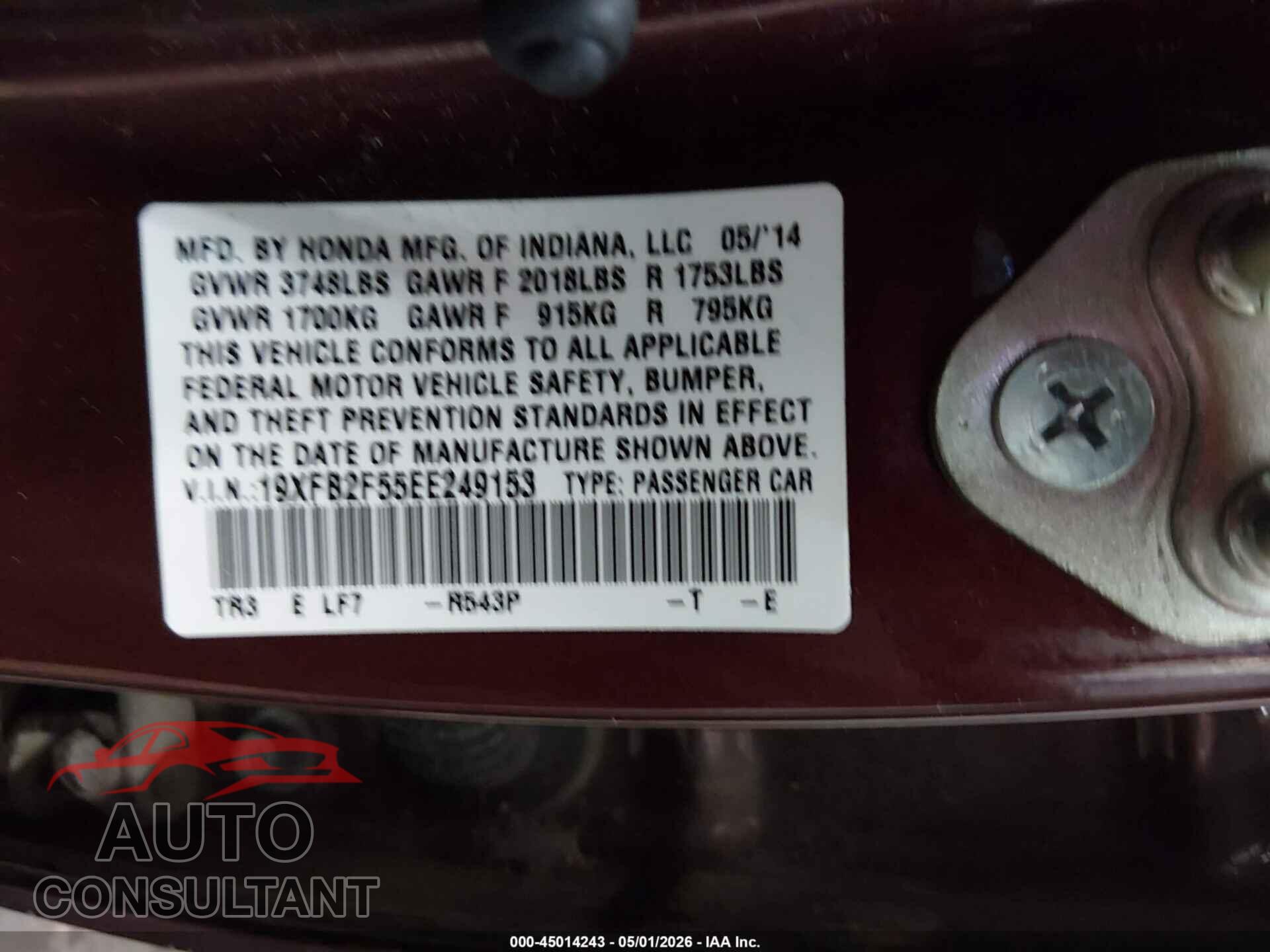 HONDA CIVIC 2014 - 19XFB2F55EE249153