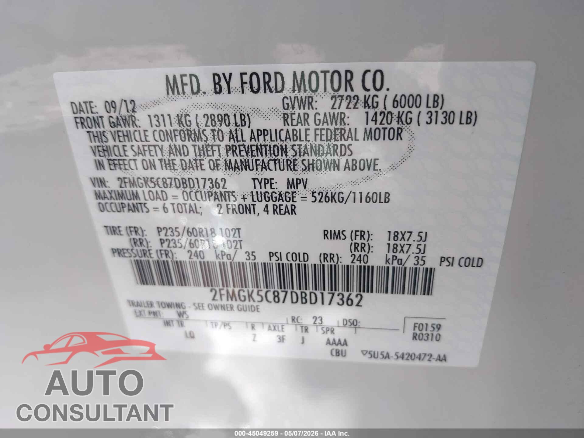 FORD FLEX 2013 - 2FMGK5C87DBD17362